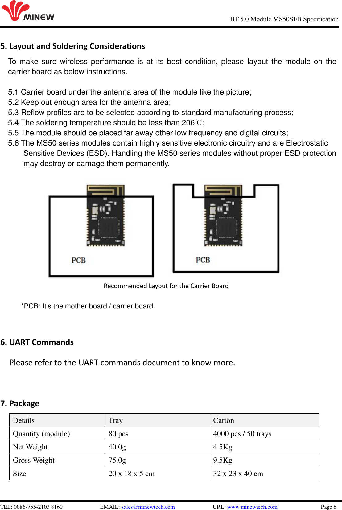   TEL: 0086-755-2103 8160                          EMAIL: sales@minewtech.com                          URL: www.minewtech.com                              Page 6                                                     BT 5.0 Module MS50SFB Specification 5. Layout and Soldering Considerations To  make sure wireless  performance is at its best condition, please  layout the module on the carrier board as below instructions.    5.1 Carrier board under the antenna area of the module like the picture; 5.2 Keep out enough area for the antenna area;   5.3 Reflow profiles are to be selected according to standard manufacturing process;   5.4 The soldering temperature should be less than 206℃;   5.5 The module should be placed far away other low frequency and digital circuits; 5.6 The MS50 series modules contain highly sensitive electronic circuitry and are Electrostatic Sensitive Devices (ESD). Handling the MS50 series modules without proper ESD protection   may destroy or damage them permanently.                                     Recommended Layout for the Carrier Board  *PCB: It’s the mother board / carrier board.  6. UART Commands   Please refer to the UART commands document to know more.  7. Package Details Tray Carton Quantity (module) 80 pcs 4000 pcs / 50 trays Net Weight 40.0g 4.5Kg Gross Weight 75.0g 9.5Kg Size 20 x 18 x 5 cm 32 x 23 x 40 cm  