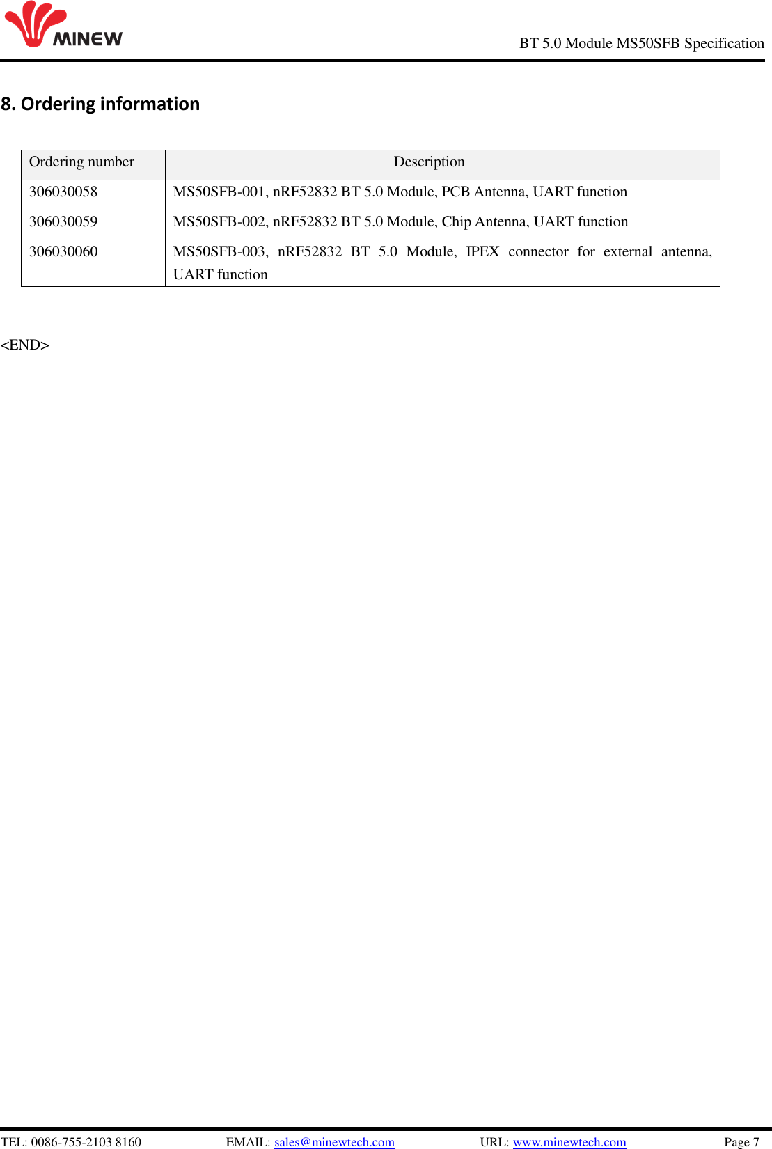   TEL: 0086-755-2103 8160                          EMAIL: sales@minewtech.com                          URL: www.minewtech.com                              Page 7                                                     BT 5.0 Module MS50SFB Specification 8. Ordering information  Ordering number Description 306030058 MS50SFB-001, nRF52832 BT 5.0 Module, PCB Antenna, UART function 306030059 MS50SFB-002, nRF52832 BT 5.0 Module, Chip Antenna, UART function 306030060 MS50SFB-003,  nRF52832  BT  5.0  Module,  IPEX  connector  for  external  antenna, UART function   &lt;END&gt;  
