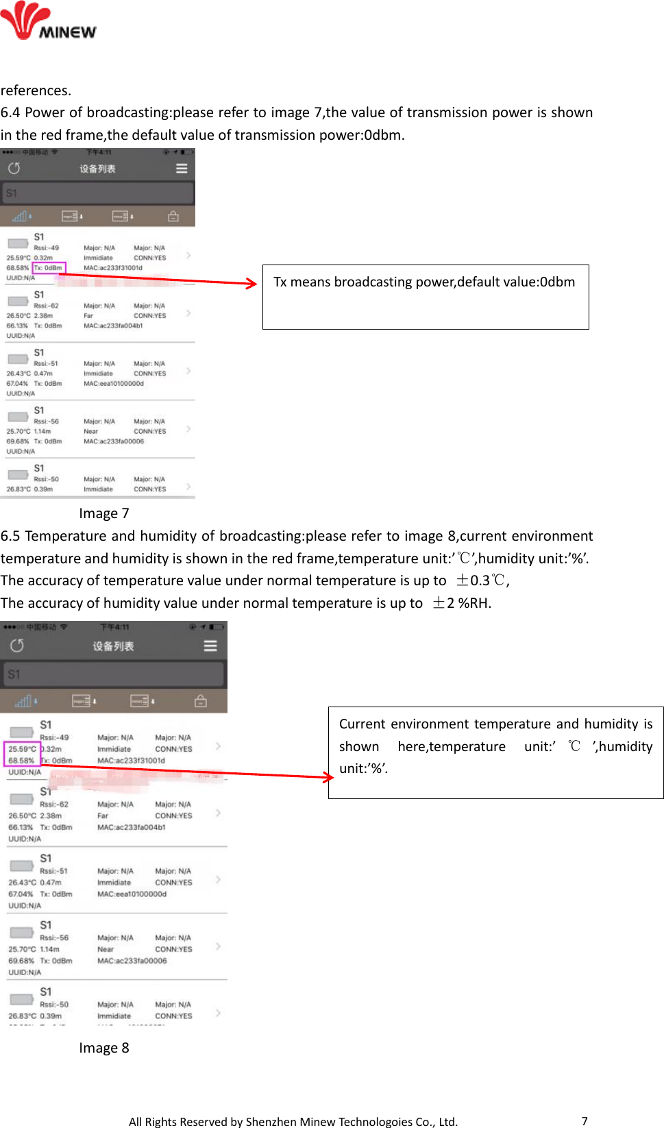                                   All Rights Reserved by Shenzhen Minew Technologoies Co., Ltd. 7 references. 6.4 Power of broadcasting:please refer to image 7,the value of transmission power is shown in the red frame,the default value of transmission power:0dbm.            Image 7 6.5 Temperature and humidity of broadcasting:please refer to image 8,current environment temperature and humidity is shown in the red frame,temperature unit:’℃’,humidity unit:’%’. The accuracy of temperature value under normal temperature is up to  ±0.3℃, The accuracy of humidity value under normal temperature is up to  ±2 %RH.            Image 8 Tx means broadcasting power,default value:0dbm Current environment temperature and humidity is shown  here,temperature  unit:’ ℃’,humidity unit:’%’.  