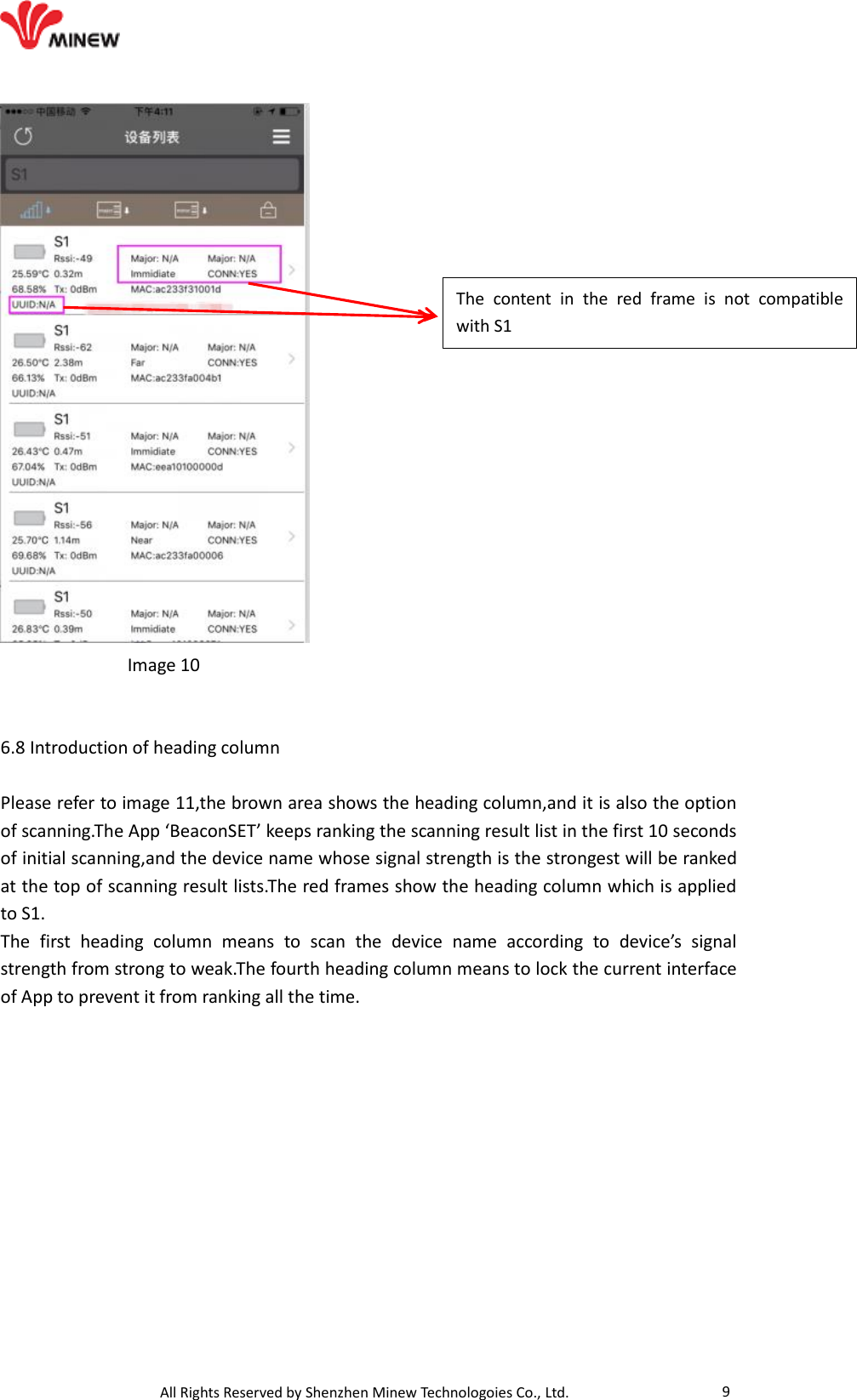                                   All Rights Reserved by Shenzhen Minew Technologoies Co., Ltd. 9               Image 10   6.8 Introduction of heading column    Please refer to image 11,the brown area shows the heading column,and it is also the option of scanning.The App ‘BeaconSET’ keeps ranking the scanning result list in the first 10 seconds of initial scanning,and the device name whose signal strength is the strongest will be ranked at the top of scanning result lists.The red frames show the heading column which is applied to S1. The  first  heading  column  means  to  scan  the  device  name  according  to  device’s  signal strength from strong to weak.The fourth heading column means to lock the current interface of App to prevent it from ranking all the time.  The  content  in  the  red  frame  is  not  compatible with S1 