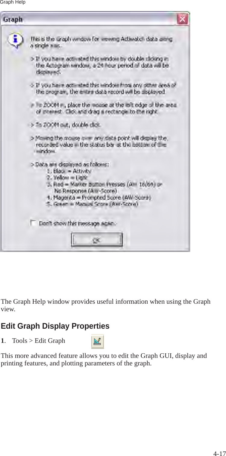 4-17The Graph Help window provides useful information when using the Graph view.Edit Graph Display Properties1.  Tools > Edit GraphThis more advanced feature allows you to edit the Graph GUI, display and printing features, and plotting parameters of the graph.Graph Help 