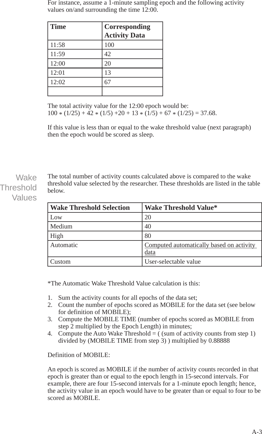 A-3For instance, assume a 1-minute sampling epoch and the following activity values on/and surrounding the time 12:00.Time CorrespondingActivity Data11:58 10011:59 4212:00 2012:01 1312:02 67The total activity value for the 12:00 epoch would be:100 * (1/25) + 42 * (1/5) +20 + 13 * (1/5) + 67 * (1/25) = 37.68. If this value is less than or equal to the wake threshold value (next paragraph) then the epoch would be scored as sleep.Wake Threshold ValuesThe total number of activity counts calculated above is compared to the wake threshold value selected by the researcher. These thresholds are listed in the table below.Wake Threshold Selection Wake Threshold Value*Low 20Medium 40High 80Automatic Computed automatically based on activity dataCustom User-selectable value*The Automatic Wake Threshold Value calculation is this: 1.  Sum the activity counts for all epochs of the data set;2.  Count the number of epochs scored as MOBILE for the data set (see below for definition of MOBILE);3.  Compute the MOBILE TIME (number of epochs scored as MOBILE from step 2 multiplied by the Epoch Length) in minutes;4.  Compute the Auto Wake Threshold = ( (sum of activity counts from step 1) divided by (MOBILE TIME from step 3) ) multiplied by 0.88888 Definition of MOBILE: An epoch is scored as MOBILE if the number of activity counts recorded in that epoch is greater than or equal to the epoch length in 15-second intervals. For example, there are four 15-second intervals for a 1-minute epoch length; hence, the activity value in an epoch would have to be greater than or equal to four to be scored as MOBILE.