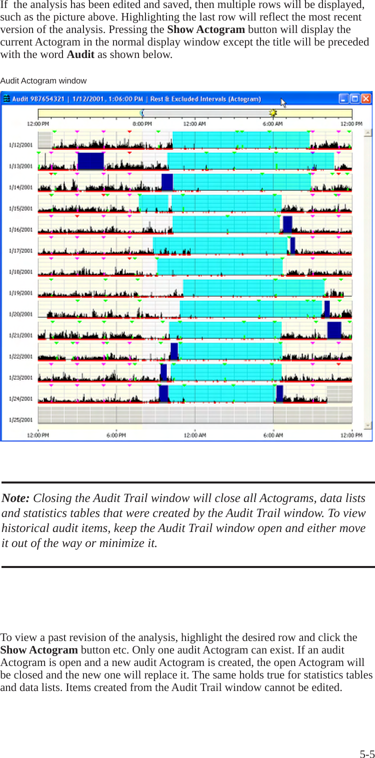 5-5If  the analysis has been edited and saved, then multiple rows will be displayed, such as the picture above. Highlighting the last row will reflect the most recent version of the analysis. Pressing the Show Actogram button will display the current Actogram in the normal display window except the title will be preceded with the word Audit as shown below.Note: Closing the Audit Trail window will close all Actograms, data lists and statistics tables that were created by the Audit Trail window. To view historical audit items, keep the Audit Trail window open and either move it out of the way or minimize it.To view a past revision of the analysis, highlight the desired row and click the Show Actogram button etc. Only one audit Actogram can exist. If an audit Actogram is open and a new audit Actogram is created, the open Actogram will be closed and the new one will replace it. The same holds true for statistics tables and data lists. Items created from the Audit Trail window cannot be edited.Audit Actogram window