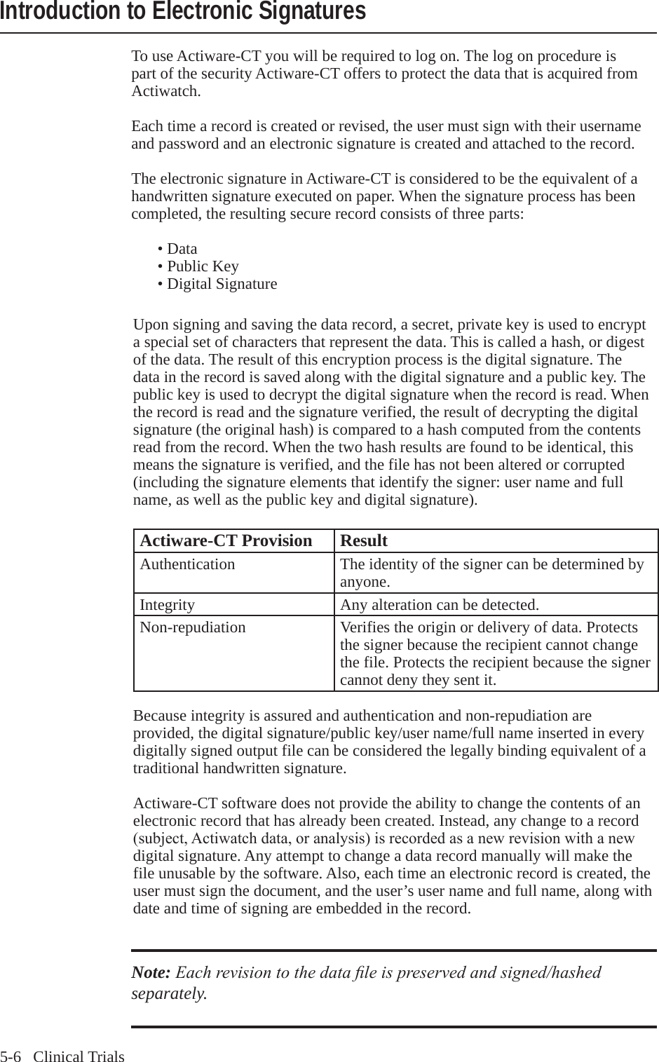 5-6   Clinical TrialsIntroduction to Electronic SignaturesTo use Actiware-CT you will be required to log on. The log on procedure is part of the security Actiware-CT offers to protect the data that is acquired from Actiwatch.Each time a record is created or revised, the user must sign with their username and password and an electronic signature is created and attached to the record.The electronic signature in Actiware-CT is considered to be the equivalent of a handwritten signature executed on paper. When the signature process has been completed, the resulting secure record consists of three parts:  &bull; Data   &bull; Public Key   &bull; Digital SignatureUpon signing and saving the data record, a secret, private key is used to encrypt a special set of characters that represent the data. This is called a hash, or digest of the data. The result of this encryption process is the digital signature. The data in the record is saved along with the digital signature and a public key. The public key is used to decrypt the digital signature when the record is read. When the record is read and the signature verified, the result of decrypting the digital signature (the original hash) is compared to a hash computed from the contents read from the record. When the two hash results are found to be identical, this means the signature is verified, and the file has not been altered or corrupted (including the signature elements that identify the signer: user name and full name, as well as the public key and digital signature). Actiware-CT Provision Result Authentication The identity of the signer can be determined by anyone.Integrity Any alteration can be detected. Non-repudiation Verifies the origin or delivery of data. Protects the signer because the recipient cannot change the file. Protects the recipient because the signer cannot deny they sent it.Because integrity is assured and authentication and non-repudiation are provided, the digital signature/public key/user name/full name inserted in every digitally signed output file can be considered the legally binding equivalent of a traditional handwritten signature.Actiware-CT software does not provide the ability to change the contents of an electronic record that has already been created. Instead, any change to a record (subject,Actiwatchdata,oranalysis)isrecordedasanewrevisionwithanewdigital signature. Any attempt to change a data record manually will make the file unusable by the software. Also, each time an electronic record is created, the user must sign the document, and the user&rsquo;s user name and full name, along with date and time of signing are embedded in the record.Note: Each revision to the data le is preserved and signed/hashed separately.