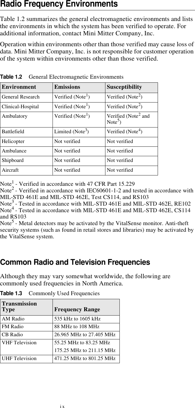 ixRadio Frequency EnvironmentsTable 1.2 summarizes the general electromagnetic environments and lists the environments in which the system has been verified to operate. For additional information, contact Mini Mitter Company, Inc. Operation within environments other than those verified may cause loss of data. Mini Mitter Company, Inc. is not responsible for customer operation of the system within environments other than those verified.Note1 - Verified in accordance with 47 CFR Part 15.229Note2 - Verified in accordance with IEC60601-1-2 and tested in accordance with MIL-STD 461E and MIL-STD 462E, Test CS114, and RS103Note3 - Tested in accordance with MIL-STD 461E and MIL-STD 462E, RE102Note4 - Tested in accordance with MIL-STD 461E and MIL-STD 462E, CS114 and RS103Note5 - Metal detectors may be activated by the VitalSense monitor. Anti-theft security systems (such as found in retail stores and libraries) may be activated by the VitalSense system.Common Radio and Television FrequenciesTable 1.2General Electromagnetic EnvironmentsEnvironment Emissions SusceptibilityGeneral Research Verified (Note1)Verified (Note2)Clinical-Hospital Verified (Note1)Verified (Note2)Ambulatory Verified (Note1)Verified (Note2 and Note5)Battlefield Limited (Note3)Verified (Note4)Helicopter Not verified Not verifiedAmbulance Not verified Not verifiedShipboard Not verified Not verifiedAircraft Not verified Not verifiedAlthough they may vary somewhat worldwide, the following are commonly used frequencies in North America.Table 1.3Commonly Used FrequenciesTransmission Type Frequency RangeAM Radio 535 kHz to 1605 kHzFM Radio 88 MHz to 108 MHzCB Radio 26.965 MHz to 27.405 MHzVHF Television 55.25 MHz to 83.25 MHz175.25 MHz to 211.15 MHzUHF Television 471.25 MHz to 801.25 MHz