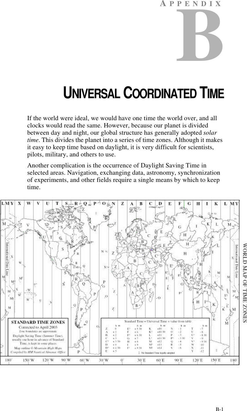B-1AP P ENDIXBCHAPTER 2UNIVERSAL COORDINATED TIMEIf the world were ideal, we would have one time the world over, and all clocks would read the same. However, because our planet is divided between day and night, our global structure has generally adopted solar time. This divides the planet into a series of time zones. Although it makes it easy to keep time based on daylight, it is very difficult for scientists, pilots, military, and others to use. Another complication is the occurrence of Daylight Saving Time in selected areas. Navigation, exchanging data, astronomy, synchronization of experiments, and other fields require a single means by which to keep time.