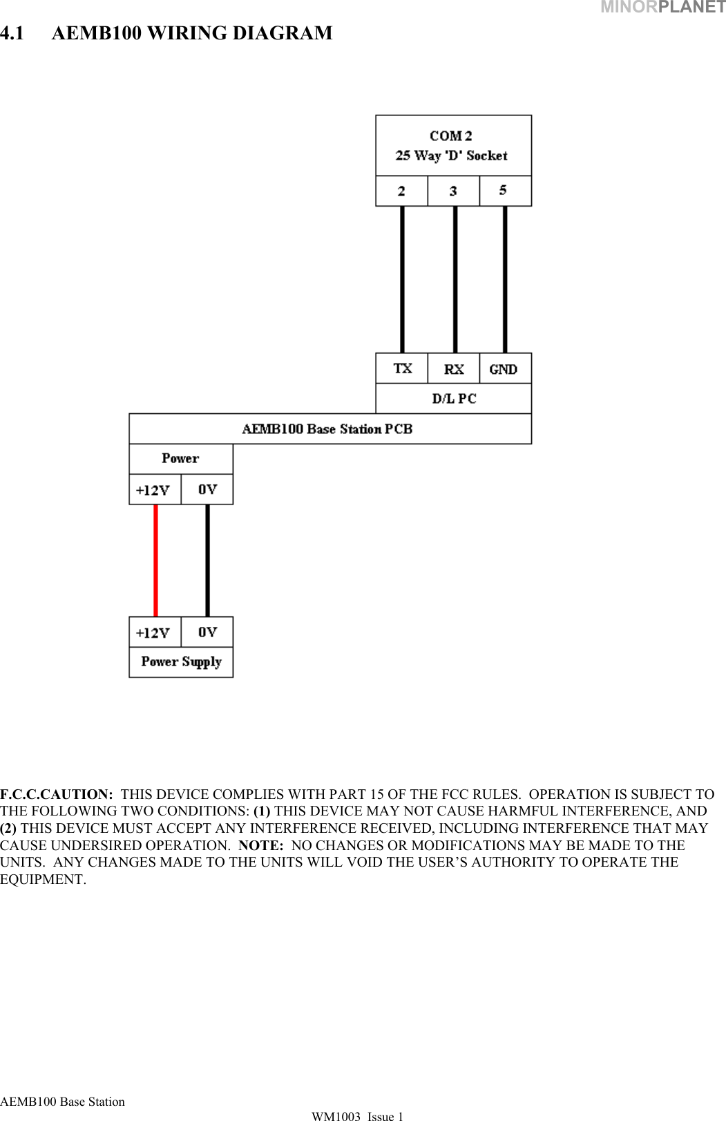 MINORPLANET AEMB100 Base Station WM1003  Issue 1   4.1  AEMB100 WIRING DIAGRAM                  F.C.C.CAUTION:  THIS DEVICE COMPLIES WITH PART 15 OF THE FCC RULES.  OPERATION IS SUBJECT TO THE FOLLOWING TWO CONDITIONS: (1) THIS DEVICE MAY NOT CAUSE HARMFUL INTERFERENCE, AND (2) THIS DEVICE MUST ACCEPT ANY INTERFERENCE RECEIVED, INCLUDING INTERFERENCE THAT MAY CAUSE UNDERSIRED OPERATION.  NOTE:  NO CHANGES OR MODIFICATIONS MAY BE MADE TO THE UNITS.  ANY CHANGES MADE TO THE UNITS WILL VOID THE USER’S AUTHORITY TO OPERATE THE EQUIPMENT. 