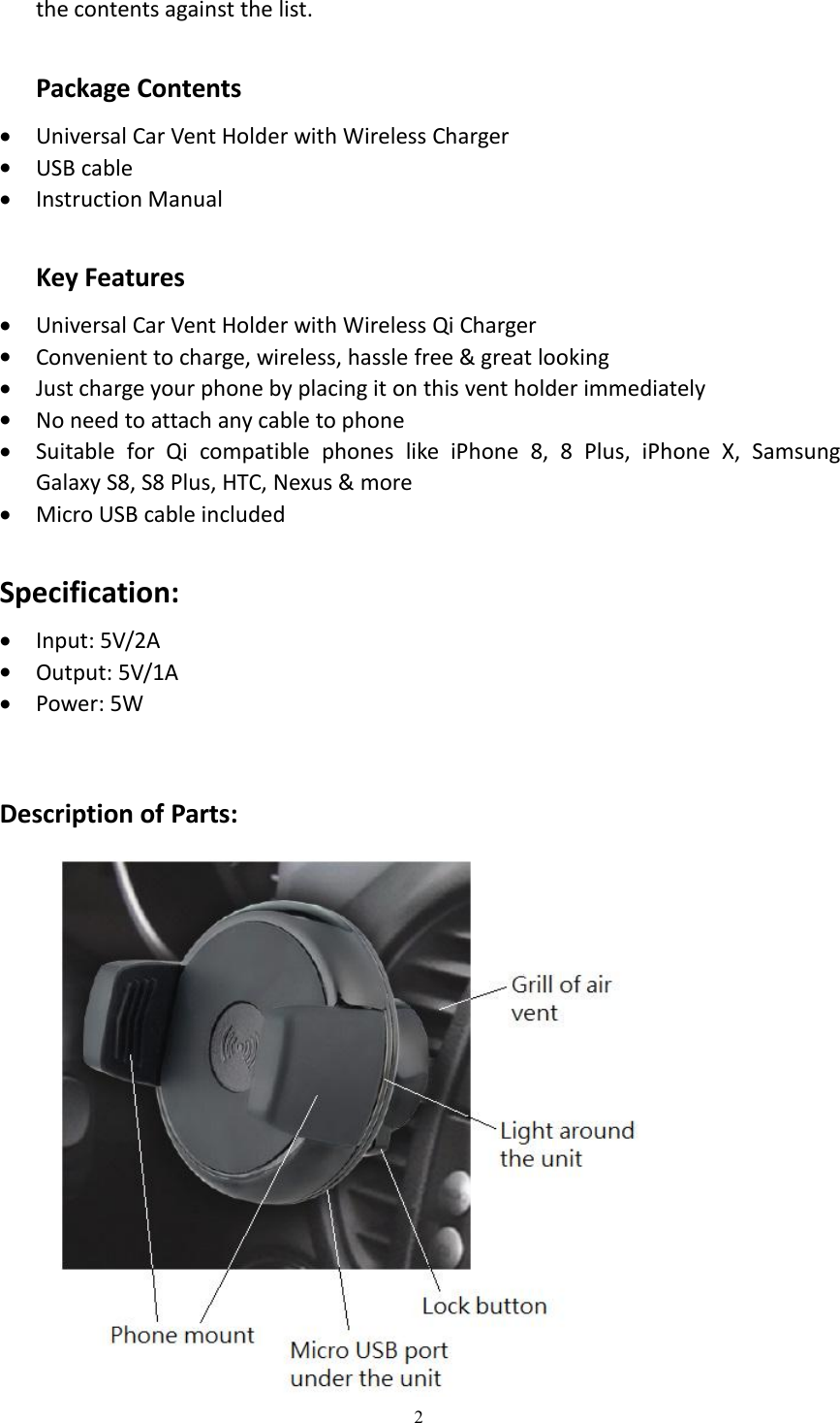 Page 2 of Minsuo CS-194 Car Air Vent Wireless Charging Holder User Manual 