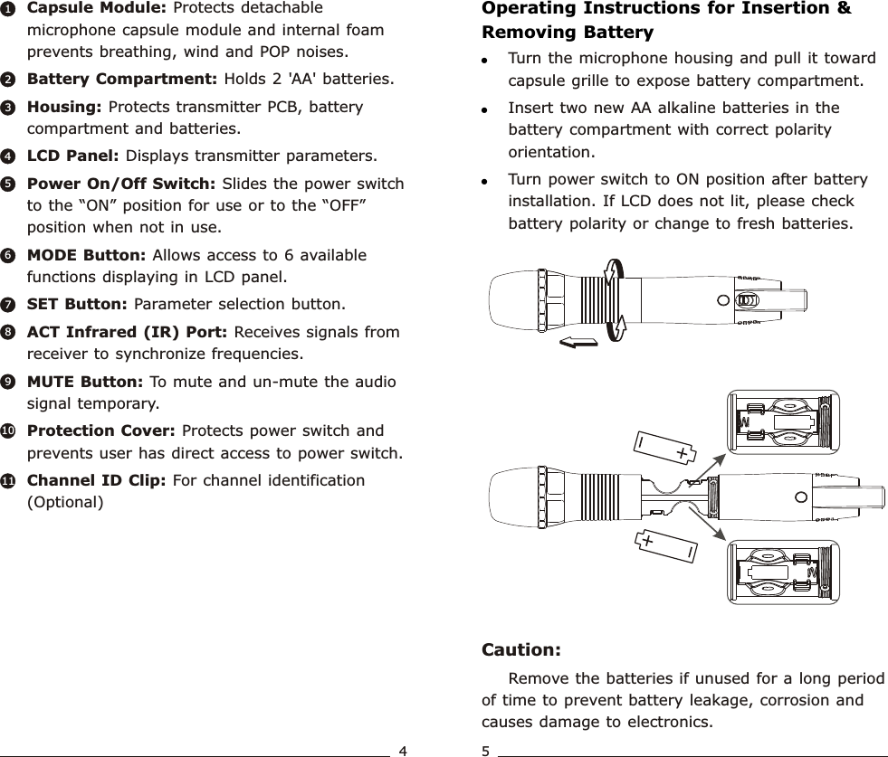 Capsule Module: Protects detachable microphone capsule module and internal foam prevents breathing, wind and POP noises.Battery Compartment: Holds 2 &apos;AA&apos; batteries.Housing: Protects transmitter PCB, battery compartment and batteries.LCD Panel: Displays transmitter parameters.Power On/Off Switch: Slides the power switch to the “ON” position for use or to the “OFF” position when not in use.MODE Button: Allows access to 6 available functions displaying in LCD panel.SET Button: Parameter selection button.ACT Infrared (IR) Port: Receives signals from receiver to synchronize frequencies.MUTE Button: To mute and un-mute the audio signal temporary.Protection Cover: Protects power switch and prevents user has direct access to power switch.Channel ID Clip: For channel identification (Optional)1234567891011Wideband  Handheld  TransmitterWideband  Handheld  TransmitterOperating Instructions for Insertion &amp; Removing BatteryCaution:Remove the batteries if unused for a long period of time to prevent battery leakage, corrosion and causes damage to electronics.!!!Turn the microphone housing and pull it toward capsule grille to expose battery compartment.Insert two new AA alkaline batteries in the battery compartment with correct polarity orientation.Turn power switch to ON position after battery installation. If LCD does not lit, please check battery polarity or change to fresh batteries.45