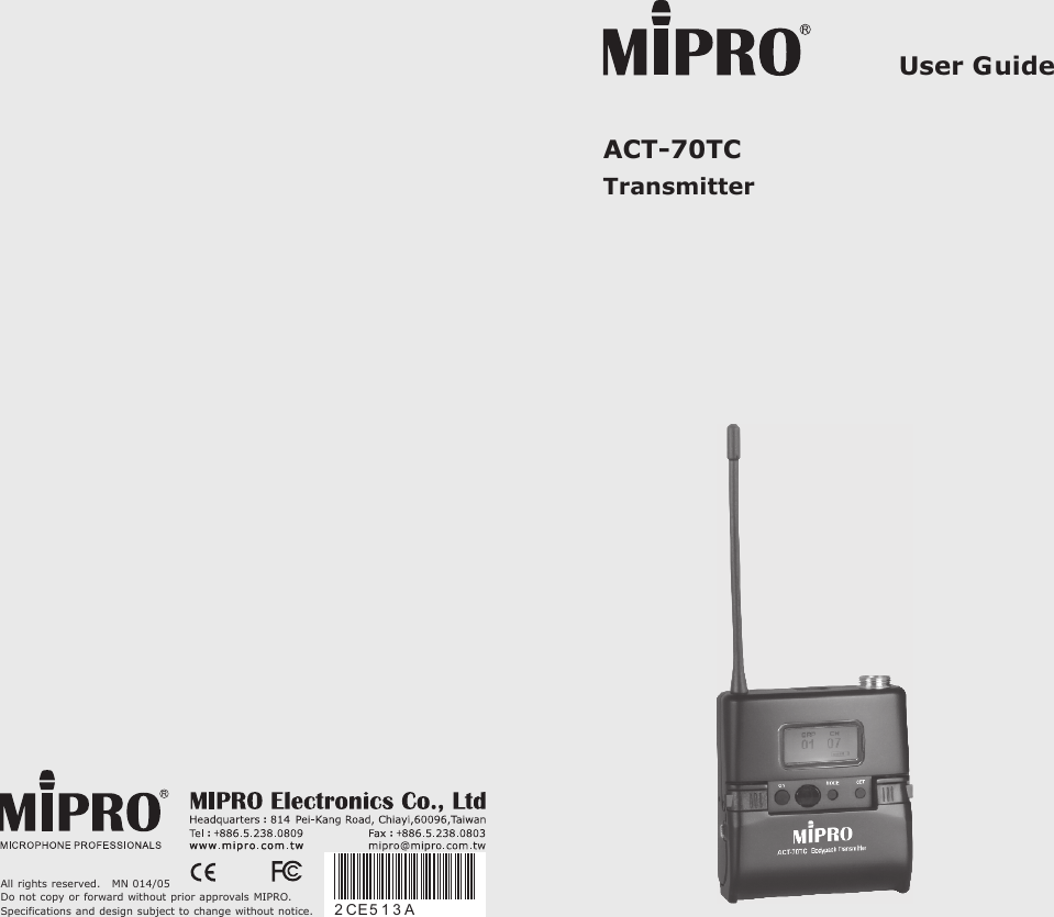 Page 1 of Mipro Electronics Co ACT70TC18 Transmitter User Manual ACT 70TC 2CE513A  201405