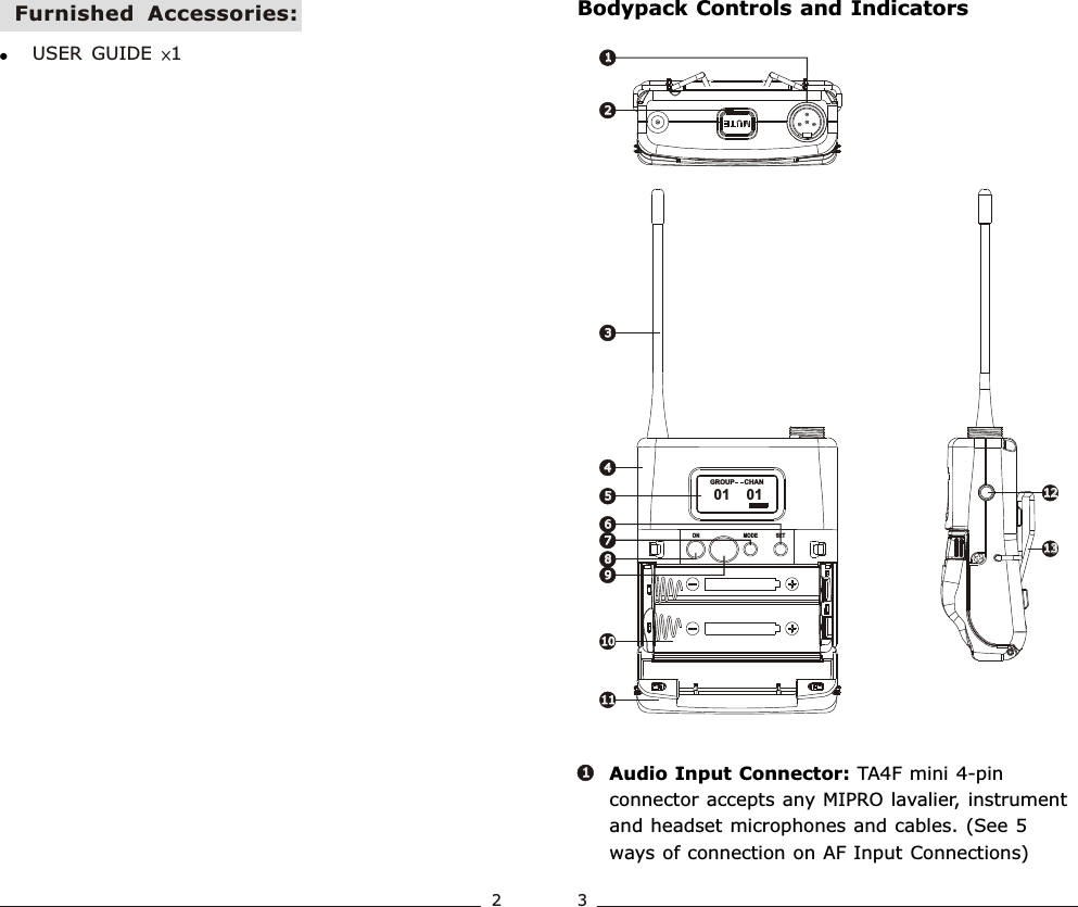Audio Input Connector: TA4F mini 4-pin connector accepts any MIPRO lavalier, instrument and headset microphones and cables. (See 5 ways of connection on AF Input Connections)11Bodypack Controls and Indicators!USER  GUIDE  ×1Furnished  Accessories:23Wideband  Bodypack  Transmitter Wideband  Bodypack  Transmitter22334455121213131199SETMODEON8866771111101001    01               GROUP      CHAN