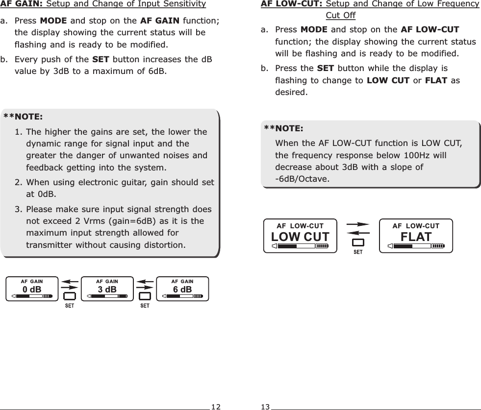 12 13**NOTE:1. The higher the gains are set, the lower the dynamic range for signal input and the greater the danger of unwanted noises and feedback getting into the system.    2. When using electronic guitar, gain should set at 0dB.3. Please make sure input signal strength does not exceed 2 Vrms (gain=6dB) as it is the maximum input strength allowed for transmitter without causing distortion.AF GAIN: Setup and Change of Input Sensitivitya. Press MODE and stop on the AF GAIN function; the display showing the current status will be flashing and is ready to be modified.b. Every push of the SET button increases the dB value by 3dB to a maximum of 6dB.AF LOW-CUT: Setup and Change of Low Frequency Cut Offa. Press MODE and stop on the AF LOW-CUT function; the display showing the current status will be flashing and is ready to be modified.b. Press the SET button while the display is flashing to change to LOW CUT or FLAT as desired.LOW CUTAF  LOW-CUTFLATAF  LOW-CUT**NOTE:When the AF LOW-CUT function is LOW CUT, the frequency response below 100Hz will decrease about 3dB with a slope of                  -6dB/Octave.6 dBAF  GAIN3 dBAF  GAIN0 dBAF  GAINRechargeable Wideband Digital Handheld Transmitter Rechargeable Wideband Digital Handheld Transmitter