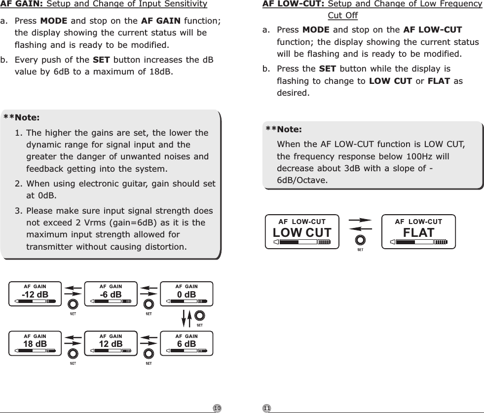 1110AF LOW-CUT: Setup and Change of Low Frequency Cut Offa. Press MODE and stop on the AF LOW-CUT function; the display showing the current status will be flashing and is ready to be modified.b. Press the SET button while the display is flashing to change to LOW CUT or FLAT as desired.LOW CUTAF  LOW-CUTFLATAF  LOW-CUT**Note:When the AF LOW-CUT function is LOW CUT, the frequency response below 100Hz will decrease about 3dB with a slope of -6dB/Octave.Rechargeable Digital Wideband Bodypack Transmitter Rechargeable Digital Wideband Bodypack Transmitter**Note:1. The higher the gains are set, the lower the dynamic range for signal input and the greater the danger of unwanted noises and feedback getting into the system.    2. When using electronic guitar, gain should set at 0dB.3. Please make sure input signal strength does not exceed 2 Vrms (gain=6dB) as it is the maximum input strength allowed for transmitter without causing distortion.AF GAIN: Setup and Change of Input Sensitivitya. Press MODE and stop on the AF GAIN function; the display showing the current status will be flashing and is ready to be modified.b. Every push of the SET button increases the dB value by 6dB to a maximum of 18dB.0 dB6 dB-6 dB12 dB-12 dB18 dBAF  GAINAF  GAINAF  GAINAF  GAINAF  GAINAF  GAIN