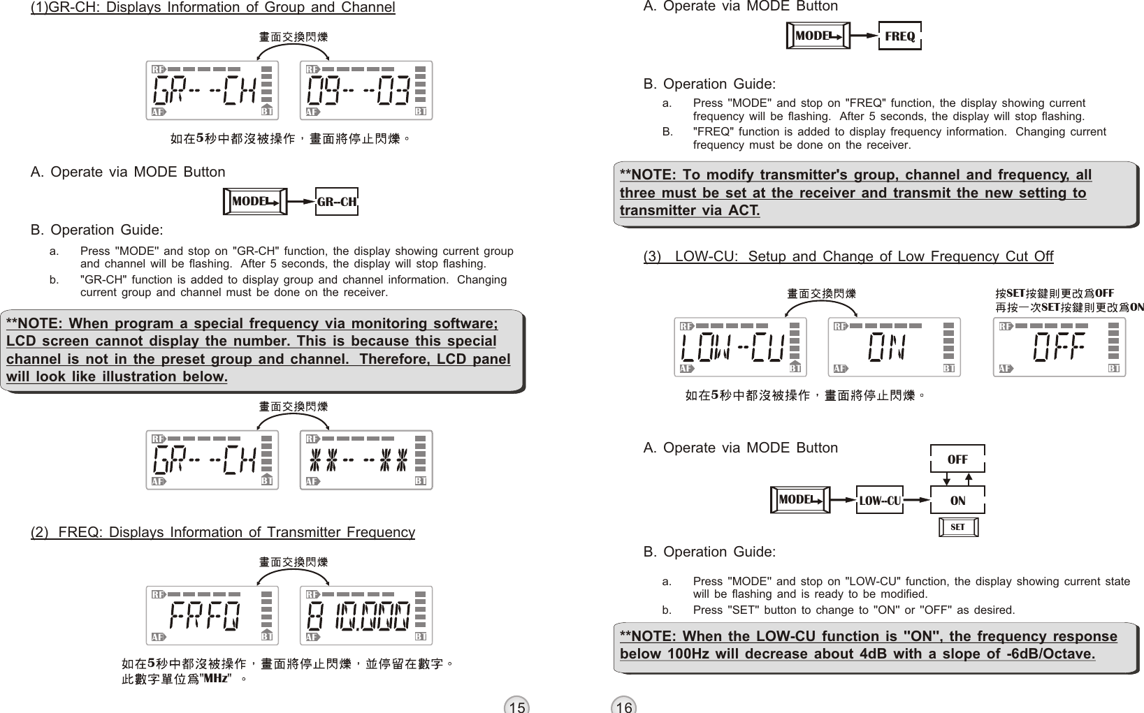 16515FREQMODESET OFFSET ONRF RFAF AFBT BTRFAF BT5LOW--CUMODE ONOFFSET**NOTE: When program a special frequency via monitoring software; LCD screen cannot display the number. This is because this special channel is not in the preset group and channel.  Therefore, LCD panel will look like illustration below.(1)GR-CH: Displays Information of Group and ChannelRFRFAFAFBTBTRFRFAFAFBTBT5B. Operation Guide:a. Press &apos;&apos;MODE&apos;&apos; and stop on &quot;GR-CH&quot; function, the display showing current group and channel will be flashing.  After 5 seconds, the display will stop flashing.b. &quot;GR-CH&quot; function is added to display group and channel information.  Changing current group and channel must be done on the receiver.GR--CHMODERFAF BTRFAF BT5&quot;MHz&quot; A. Operate via MODE Button(2)  FREQ: Displays Information of Transmitter Frequency A. Operate via MODE ButtonB. Operation Guide:a. Press &apos;&apos;MODE&apos;&apos; and stop on &quot;FREQ&quot; function, the display showing current frequency will be flashing.  After 5 seconds, the display will stop flashing.B. &quot;FREQ&quot; function is added to display frequency information.  Changing current frequency must be done on the receiver.**NOTE: To modify transmitter&apos;s group, channel and frequency, all three must be set at the receiver and transmit the new setting to transmitter via ACT.(3)   LOW-CU:  Setup and Change of Low Frequency Cut OffB. Operation Guide:A. Operate via MODE Buttona. Press &apos;&apos;MODE&apos;&apos; and stop on &quot;LOW-CU&quot; function, the display showing current state will be flashing and is ready to be modified.b. Press &apos;&apos;SET&apos;&apos; button to change to &apos;&apos;ON&apos;&apos; or &apos;&apos;OFF&apos;&apos; as desired.**NOTE: When the LOW-CU function is &apos;&apos;ON&apos;&apos;, the frequency response below 100Hz will decrease about 4dB with a slope of -6dB/Octave.DIGITAL WIRELESS BODY PACK TRANSMITTER DIGITAL WIRELESS BODY PACK TRANSMITTER