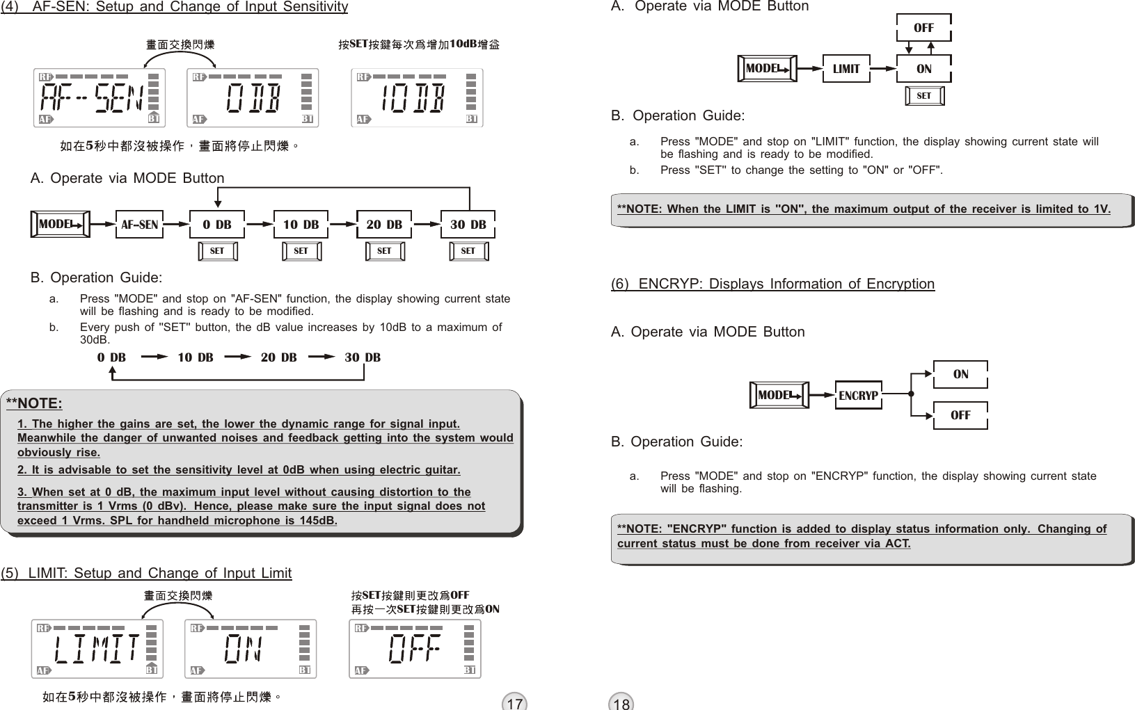 1718SET OFFSET ONRF RFAF AFBT BTRFAF BT5LIMITMODE ONOFFSETSET 10dBRF RFAF AFBT BTRFAF BT5AF--SENMODE 0 DBSET10 DBSET20 DBSET30 DBSET0 DB 10 DB 20 DB 30 DBENCRYPMODEONOFFDIGITAL WIRELESS BODY PACK TRANSMITTER DIGITAL WIRELESS BODY PACK TRANSMITTER(4)   AF-SEN: Setup and Change of Input SensitivityA. Operate via MODE ButtonB. Operation Guide:a. Press &quot;MODE&quot; and stop on &quot;AF-SEN&quot; function, the display showing current state will be flashing and is ready to be modified.b. Every push of &apos;&apos;SET&apos;&apos; button, the dB value increases by 10dB to a maximum of 30dB.**NOTE: 1. The higher the gains are set, the lower the dynamic range for signal input. Meanwhile the danger of unwanted noises and feedback getting into the system would obviously rise. 2. It is advisable to set the sensitivity level at 0dB when using electric guitar.3. When set at 0 dB, the maximum input level without causing distortion to the transmitter is 1 Vrms (0 dBv).  Hence, please make sure the input signal does not exceed 1 Vrms. SPL for handheld microphone is 145dB.(5)  LIMIT: Setup and Change of Input LimitA.  Operate via MODE ButtonB.  Operation  Guide:a. Press &quot;MODE&quot; and stop on &quot;LIMIT&quot; function, the display showing current state will be flashing and is ready to be modified.b. Press &apos;&apos;SET&apos;&apos; to change the setting to &quot;ON&quot; or &quot;OFF&quot;.**NOTE: When the LIMIT is &apos;&apos;ON&apos;&apos;, the maximum output of the receiver is limited to 1V.(6)  ENCRYP: Displays Information of EncryptionA. Operate via MODE ButtonB. Operation Guide:a. Press &quot;MODE&quot; and stop on &quot;ENCRYP&quot; function, the display showing current state will be flashing.**NOTE: &quot;ENCRYP&quot; function is added to display status information only.  Changing of current status must be done from receiver via ACT.