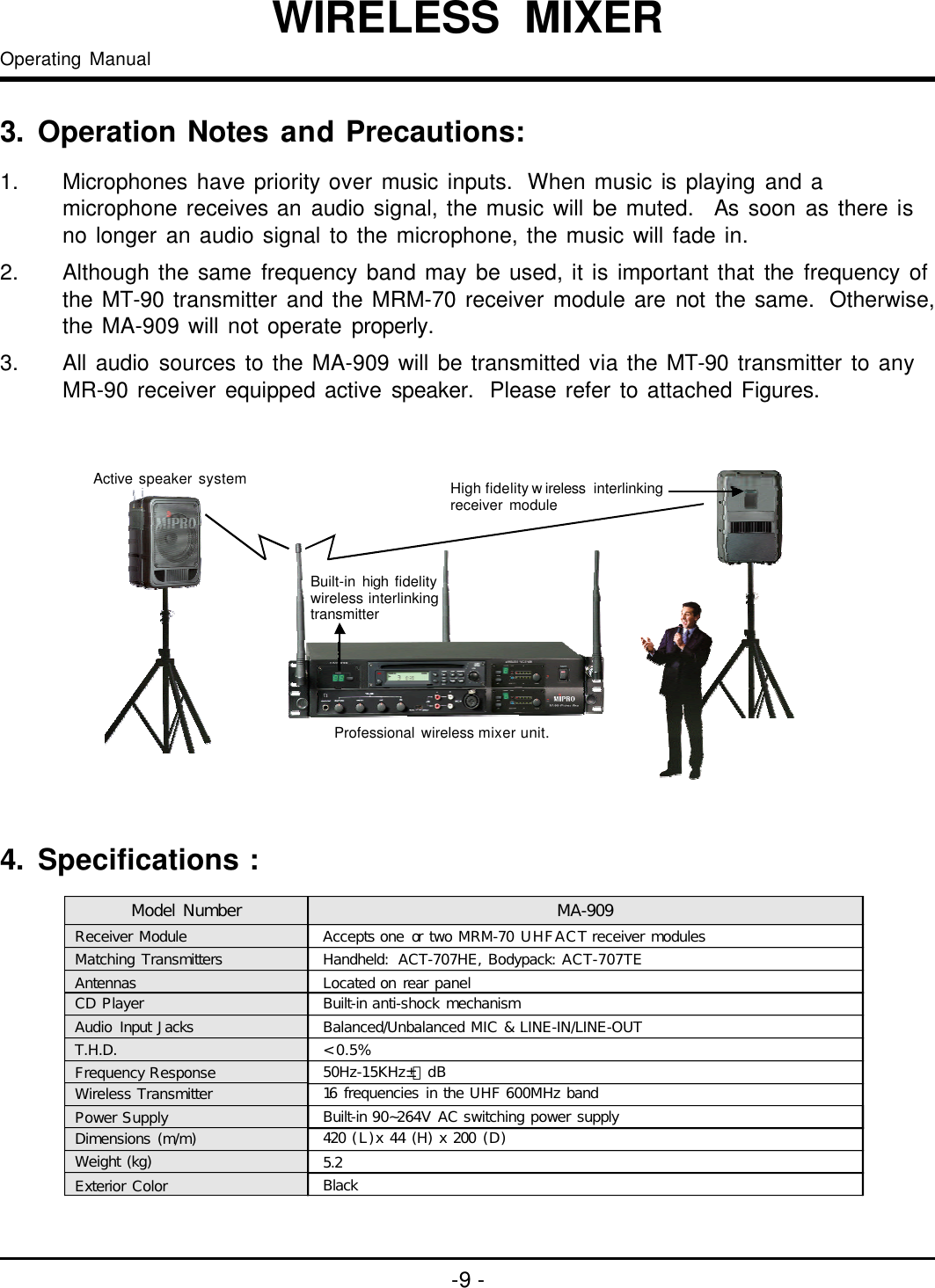 3.OperationNotesandPrecautions:ModelNumber MA-909ReceiverModule AcceptsoneortwoMRM-70UHFACTreceivermodulesMatchingTransmitters Handheld:ACT-707HE,Bodypack:ACT-707TEAntennas LocatedonrearpanelCDPlayer Built-inanti-shockmechanismBalanced/UnbalancedMIC&amp;LINE-IN/LINE-OUT5.250Hz-15KHz±３dB16frequenciesintheUHF600MHzband&lt;0.5%Built-in90~264VACswitchingpowersupply420(L)x44(H)x200(D)BlackAudioInputJacksT.H.D.FrequencyResponseWirelessTransmitterPowerSupplyDimensions(m/m)Weight(kg)ExteriorColor1.Microphoneshavepriorityovermusicinputs.Whenmusicisplayingandamicrophonereceivesanaudiosignal,themusicwillbemuted.Assoonasthereisnolongeranaudiosignaltothemicrophone,themusicwillfadein.2.Althoughthesamefrequencybandmaybeused,itisimportantthatthefrequencyoftheMT-90transmitterandtheMRM-70receivermodulearenotthesame.Otherwise,theMA-909willnotoperateproperly.3.AllaudiosourcestotheMA-909willbetransmittedviatheMT-90transmittertoanyMR-90receiverequippedactivespeaker.PleaserefertoattachedFigures.Activespeakersystem HighfidelitywirelessinterlinkingreceivermoduleBuilt-inhighfidelitywirelessinterlinkingtransmitterProfessionalwirelessmixerunit.-9-4.Specifications :OperatingManualWIRELESSMIXER