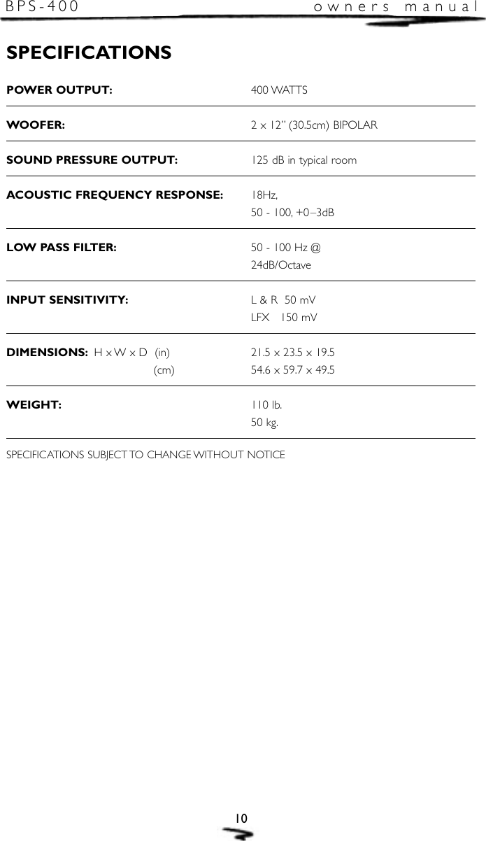 Page 11 of 12 - Mirage-Loudspeakers Mirage-Loudspeakers-Mirage-Bps-400-Users-Manual- Mir. BPS400 (E&F)  Mirage-loudspeakers-mirage-bps-400-users-manual