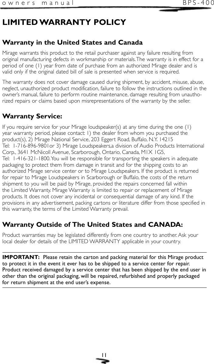 Page 12 of 12 - Mirage-Loudspeakers Mirage-Loudspeakers-Mirage-Bps-400-Users-Manual- Mir. BPS400 (E&F)  Mirage-loudspeakers-mirage-bps-400-users-manual