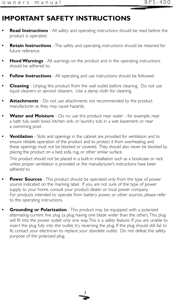 Page 2 of 12 - Mirage-Loudspeakers Mirage-Loudspeakers-Mirage-Bps-400-Users-Manual- Mir. BPS400 (E&F)  Mirage-loudspeakers-mirage-bps-400-users-manual