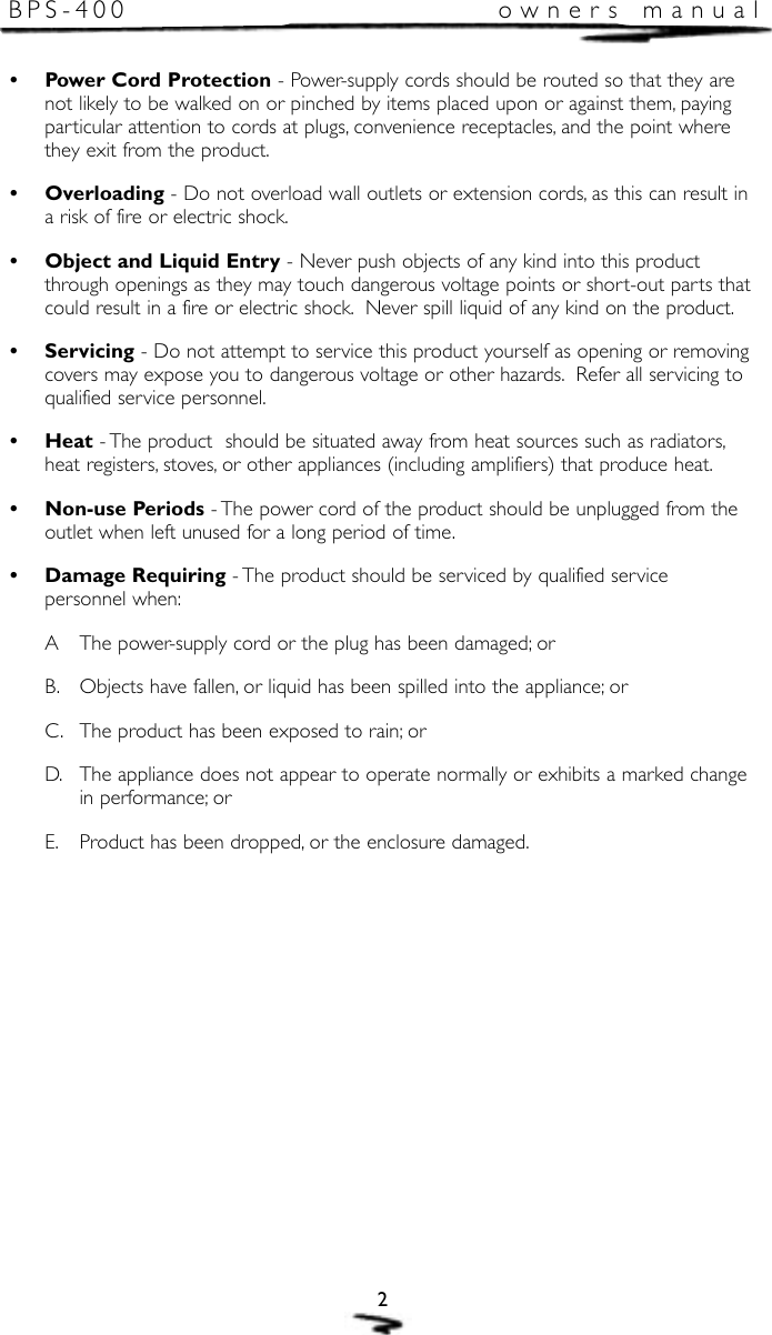 Page 3 of 12 - Mirage-Loudspeakers Mirage-Loudspeakers-Mirage-Bps-400-Users-Manual- Mir. BPS400 (E&F)  Mirage-loudspeakers-mirage-bps-400-users-manual