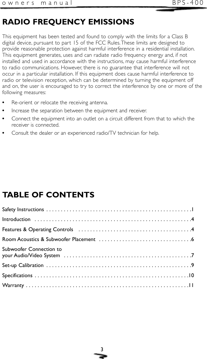 Page 4 of 12 - Mirage-Loudspeakers Mirage-Loudspeakers-Mirage-Bps-400-Users-Manual- Mir. BPS400 (E&F)  Mirage-loudspeakers-mirage-bps-400-users-manual