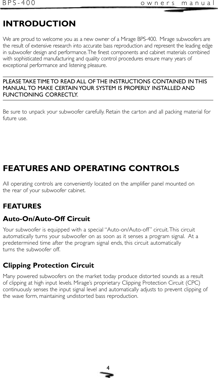 Page 5 of 12 - Mirage-Loudspeakers Mirage-Loudspeakers-Mirage-Bps-400-Users-Manual- Mir. BPS400 (E&F)  Mirage-loudspeakers-mirage-bps-400-users-manual