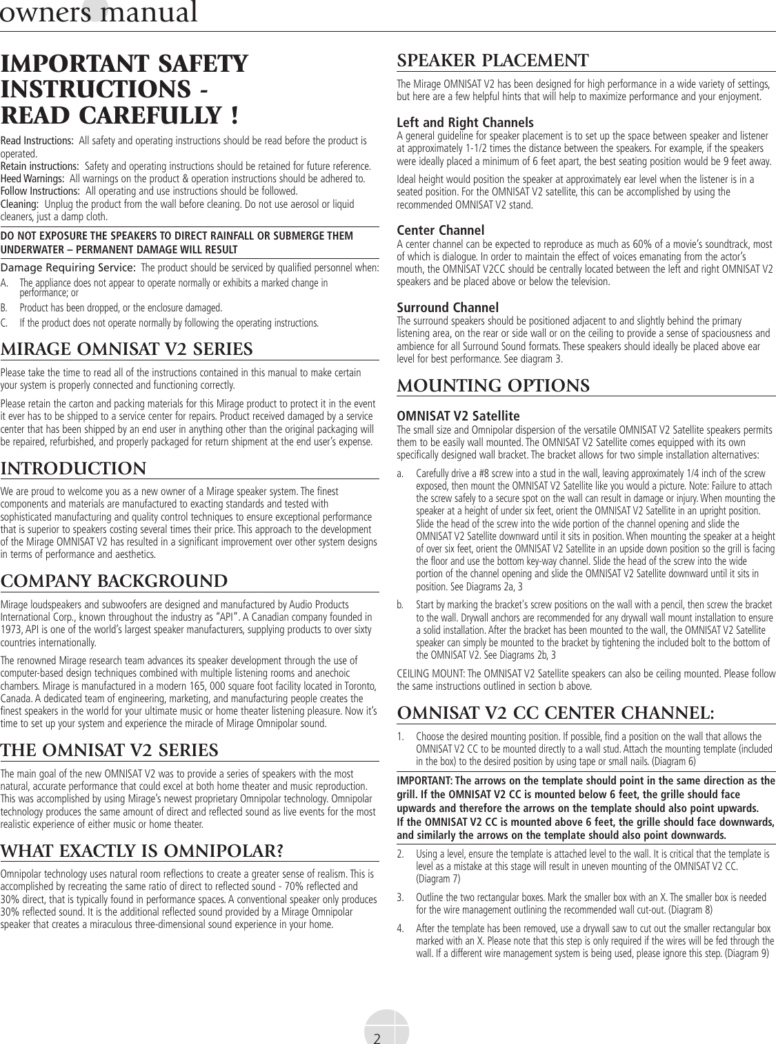 Page 2 of 8 - Mirage-Loudspeakers Mirage-Loudspeakers-Mirage-Omnisat-V2-Users-Manual- Print Omni Series (9 Lang) Singles  Mirage-loudspeakers-mirage-omnisat-v2-users-manual