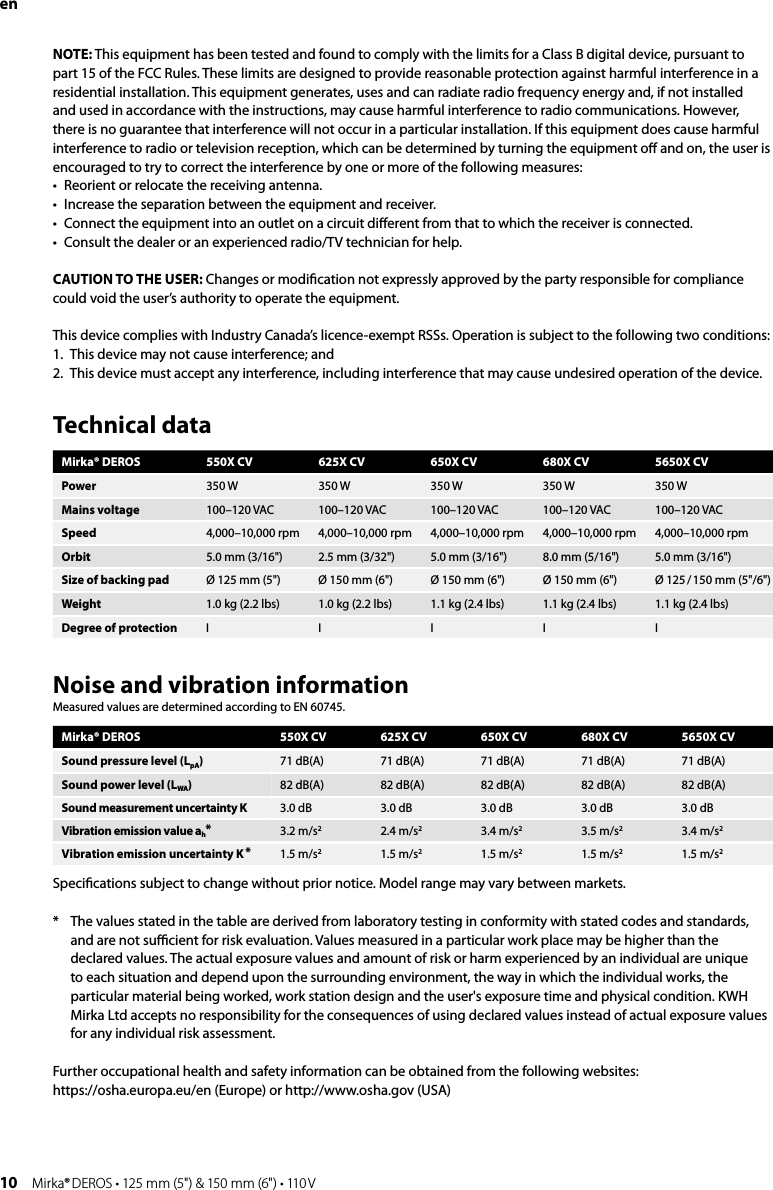 10 Mirka® DEROS • 125 mm (5&quot;) &amp; 150 mm (6&quot;) • 110 VTechnical dataMirka® DEROS 550X CV 625X CV 650X CV 680X CV 5650X CVPower 350 W 350 W 350 W 350 W 350 WMains voltage 100–120 VAC 100–120 VAC 100–120 VAC 100–120 VAC 100–120 VACSpeed 4,000–10,000 rpm 4,000–10,000 rpm 4,000–10,000 rpm 4,000–10,000 rpm 4,000–10,000 rpmOrbit 5.0 mm (3/16&quot;) 2.5 mm (3/32&quot;) 5.0 mm (3/16&quot;) 8.0 mm (5/16&quot;) 5.0 mm (3/16&quot;)Size of backing pad Ø 125 mm (5&quot;) Ø 150 mm (6&quot;) Ø 150 mm (6&quot;) Ø 150 mm (6&quot;) Ø 125 / 150 mm (5&quot;/6&quot;)Weight 1.0 kg (2.2 lbs) 1.0 kg (2.2 lbs) 1.1 kg (2.4 lbs) 1.1 kg (2.4 lbs) 1.1 kg (2.4 lbs)Degree of protection IIIIINoise and vibration informationMeasured values are determined according to EN 60745.Mirka® DEROS 550X CV 625X CV 650X CV 680X CV 5650X CVSound pressure level (LpA)71 dB(A) 71 dB(A) 71 dB(A) 71 dB(A) 71 dB(A)Sound power level (LWA)82 dB(A) 82 dB(A) 82 dB(A) 82 dB(A) 82 dB(A)Sound measurement uncertainty K 3.0 dB 3.0 dB 3.0 dB 3.0 dB 3.0 dBVibration emission value ah*3.2 m/s22.4 m/s23.4 m/s23.5 m/s23.4 m/s2Vibration emission uncertainty K *1.5 m/s21.5 m/s21.5 m/s21.5 m/s21.5 m/s2Speciﬁcations subject to change without prior notice. Model range may vary between markets.*   The values stated in the table are derived from laboratory testing in conformity with stated codes and standards, and are not suﬃcient for risk evaluation. Values measured in a particular work place may be higher than the declared values. The actual exposure values and amount of risk or harm experienced by an individual are unique to each situation and depend upon the surrounding environment, the way in which the individual works, the particular material being worked, work station design and the user&apos;s exposure time and physical condition. KWH Mirka Ltd accepts no responsibility for the consequences of using declared values instead of actual exposure values for any individual risk assessment.Further occupational health and safety information can be obtained from the following websites:https://osha.europa.eu/en (Europe) or http://www.osha.gov (USA)enNOTE: This equipment has been tested and found to comply with the limits for a Class B digital device, pursuant to part 15 of the FCC Rules. These limits are designed to provide reasonable protection against harmful interference in a residential installation. This equipment generates, uses and can radiate radio frequency energy and, if not installedand used in accordance with the instructions, may cause harmful interference to radio communications. However, there is no guarantee that interference will not occur in a particular installation. If this equipment does cause harmful interference to radio or television reception, which can be determined by turning the equipment oﬀ and on, the user is encouraged to try to correct the interference by one or more of the following measures:•   Reorient or relocate the receiving antenna.•   Increase the separation between the equipment and receiver.•  Connect the equipment into an outlet on a circuit diﬀerent from that to which the receiver is connected.•  Consult the dealer or an experienced radio/TV technician for help.CAUTION TO THE USER: Changes or modiﬁcation not expressly approved by the party responsible for compliance could void the user’s authority to operate the equipment.This device complies with Industry Canada’s licence-exempt RSSs. Operation is subject to the following two conditions:1.   This device may not cause interference; and 2.   This device must accept any interference, including interference that may cause undesired operation of the device.