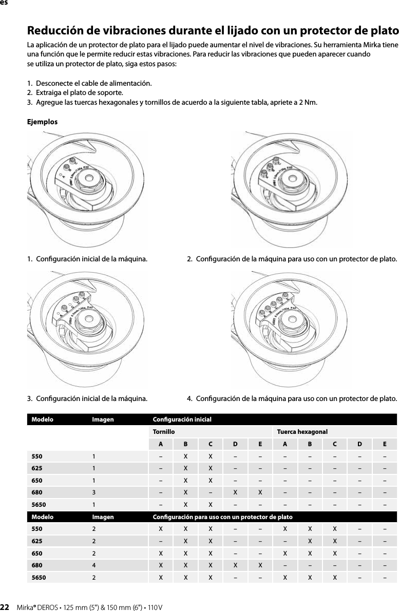 22 Mirka® DEROS • 125 mm (5&quot;) &amp; 150 mm (6&quot;) • 110 VesReducción de vibraciones durante el lijado con un protector de platoLa aplicación de un protector de plato para el lijado puede aumentar el nivel de vibraciones. Su herramienta Mirka tiene una función que le permite reducir estas vibraciones. Para reducir las vibraciones que pueden aparecer cuando  se utiliza un protector de plato, siga estos pasos:1.  Desconecte el cable de alimentación.2.  Extraiga el plato de soporte.3.  Agregue las tuercas hexagonales y tornillos de acuerdo a la siguiente tabla, apriete a 2 Nm.Ejemplos1.  Conﬁguración inicial de la máquina.3.  Conﬁguración inicial de la máquina.2.   Conﬁguración de la máquina para uso con un protector de plato.4.   Conﬁguración de la máquina para uso con un protector de plato.Modelo Imagen Conﬁguración inicialTornillo Tuerca hexagonalA B C D E A B C D E550 1 – X X – – – – – – –625 1 – X X – – – – – – –650 1 – X X – – – – – – –680 3 – X – X X – – – – –5650 1 – X X – – – – – – –Modelo Imagen Conﬁguración para uso con un protector de plato550 2 X X X – – X X X – –625 2 – X X – – – X X – –650 2 X X X – – X X X – –680 4 X X X X X – – – – –5650 2 X X X – – X X X – –