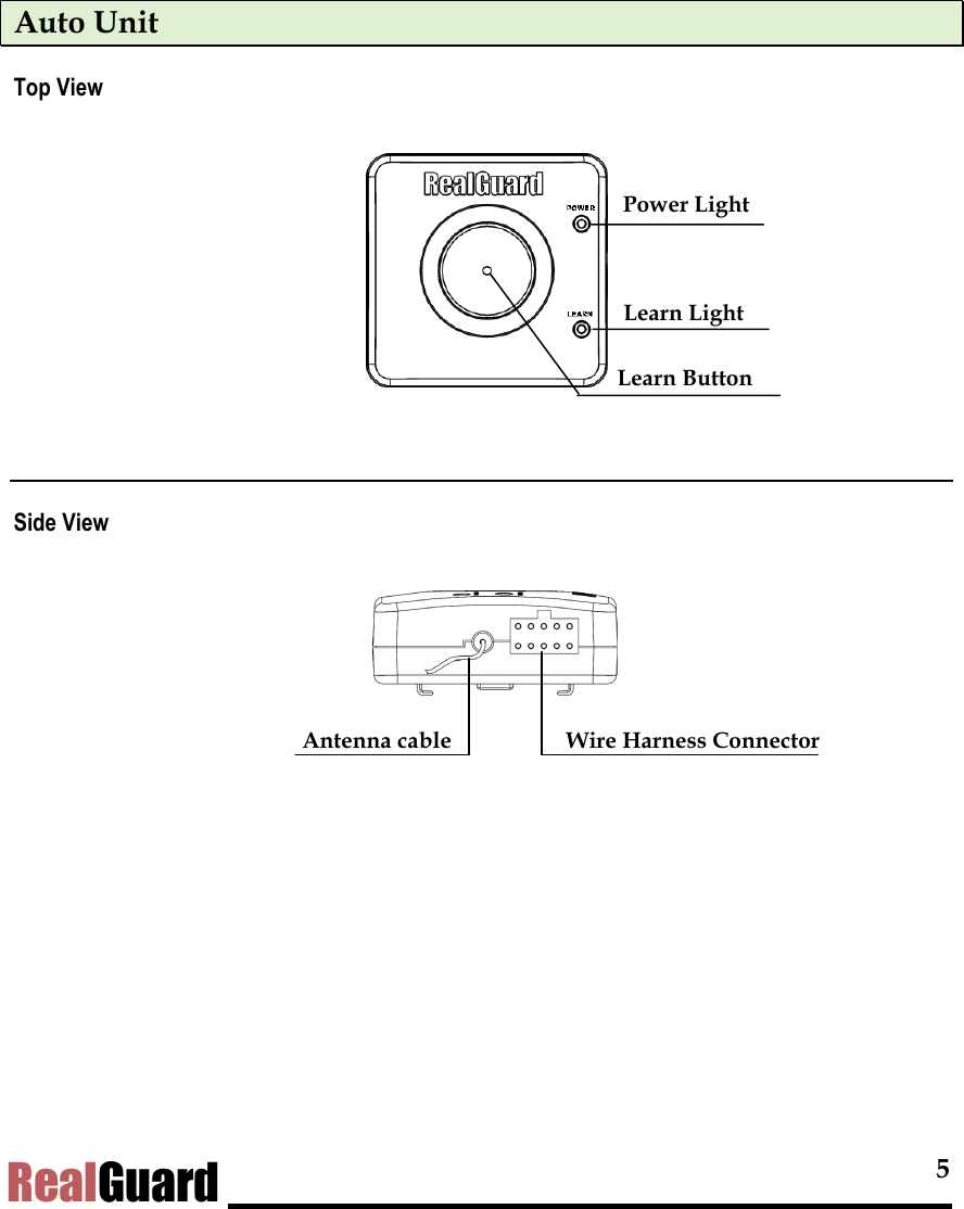  5 RealGuard Auto Unit Top View          Side View      Learn Button Power Light Learn Light Antenna cable Wire Harness Connector 