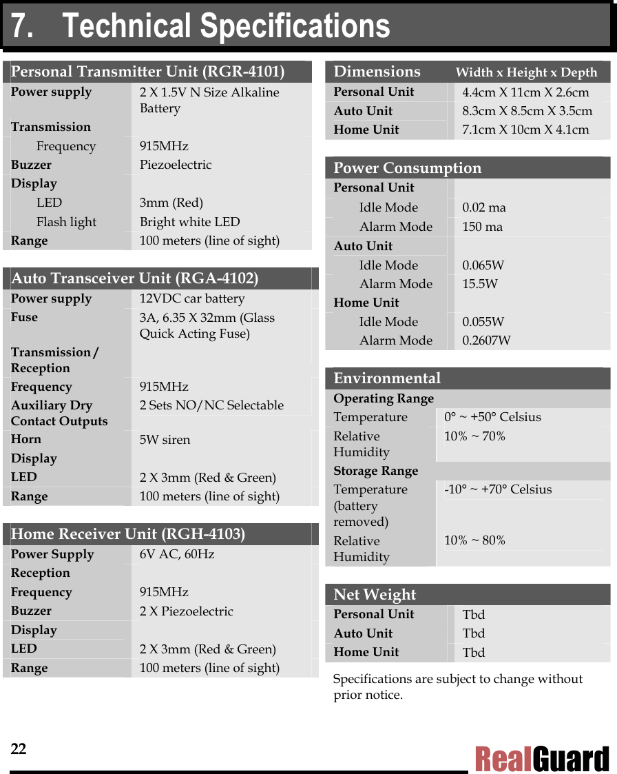 22 RealGuard 7. Technical Specifications Personal Transmitter Unit (RGR-4101) Power supply  2 X 1.5V N Size Alkaline Battery Transmission    Frequency  915MHz Buzzer  Piezoelectric Display    LED  3mm (Red)  Flash light  Bright white LED Range  100 meters (line of sight)  Auto Transceiver Unit (RGA-4102) Power supply  12VDC car battery Fuse  3A, 6.35 X 32mm (Glass Quick Acting Fuse) Transmission / Reception  Frequency  915MHz Auxiliary Dry Contact Outputs 2 Sets NO/NC Selectable Horn  5W siren Display    LED  2 X 3mm (Red &amp; Green) Range  100 meters (line of sight)  Home Receiver Unit (RGH-4103) Power Supply  6V AC, 60Hz Reception   Frequency  915MHz Buzzer  2 X Piezoelectric Display   LED  2 X 3mm (Red &amp; Green) Range  100 meters (line of sight)  Dimensions  Width x Height x Depth Personal Unit  4.4cm X 11cm X 2.6cm Auto Unit  8.3cm X 8.5cm X 3.5cm Home Unit  7.1cm X 10cm X 4.1cm  Power Consumption Personal Unit    Idle Mode  0.02 ma  Alarm Mode  150 ma Auto Unit    Idle Mode  0.065W  Alarm Mode  15.5W Home Unit    Idle Mode  0.055W  Alarm Mode  0.2607W  Environmental Operating Range Temperature  0&deg; ~ +50&deg; Celsius Relative Humidity 10% ~ 70%  Storage Range Temperature (battery removed) -10&deg; ~ +70&deg; Celsius Relative Humidity 10% ~ 80%   Net Weight Personal Unit  Tbd Auto Unit  Tbd Home Unit  Tbd Specifications are subject to change without prior notice.  