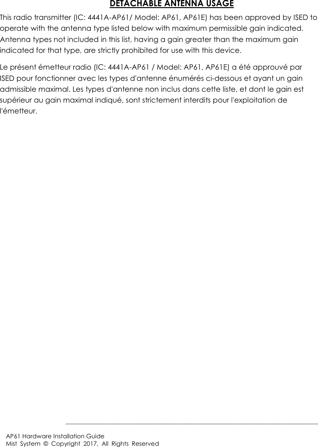  BBBBBBBBBBBBBBBBBBBBBBBBBBBBBBBBBBBBBBBBBBBBBBBBBBBBBBBBBBBBBBBBBBBBBBBBBBBBBBBBBBB$3+DUGZDUH,QVWDOODWLRQ*XLGH0LVW 6\VWHP &RS\ULJKW $OO 5LJKWV 5HVHUYHG '(7$&+$%/($17(11$86$*(7KLVUDGLRWUDQVPLWWHU,&$$30RGHO$3$3(KDVEHHQDSSURYHGE\,6('WRRSHUDWHZLWKWKHDQWHQQDW\SHOLVWHGEHORZZLWKPD[LPXPSHUPLVVLEOHJDLQLQGLFDWHG$QWHQQDW\SHVQRWLQFOXGHGLQWKLVOLVWKDYLQJDJDLQJUHDWHUWKDQWKHPD[LPXPJDLQLQGLFDWHGIRUWKDWW\SHDUHVWULFWO\SURKLELWHGIRUXVHZLWKWKLVGHYLFH/HSUpVHQWpPHWWHXUUDGLR,&$$30RGHO$3$3(DpWpDSSURXYpSDU,6('SRXUIRQFWLRQQHUDYHFOHVW\SHVGDQWHQQHpQXPpUpVFLGHVVRXVHWD\DQWXQJDLQDGPLVVLEOHPD[LPDO/HVW\SHVGDQWHQQHQRQLQFOXVGDQVFHWWHOLVWHHWGRQWOHJDLQHVWVXSpULHXUDXJDLQPD[LPDOLQGLTXpVRQWVWULFWHPHQWLQWHUGLWVSRXUOH[SORLWDWLRQGHOpPHWWHXU 