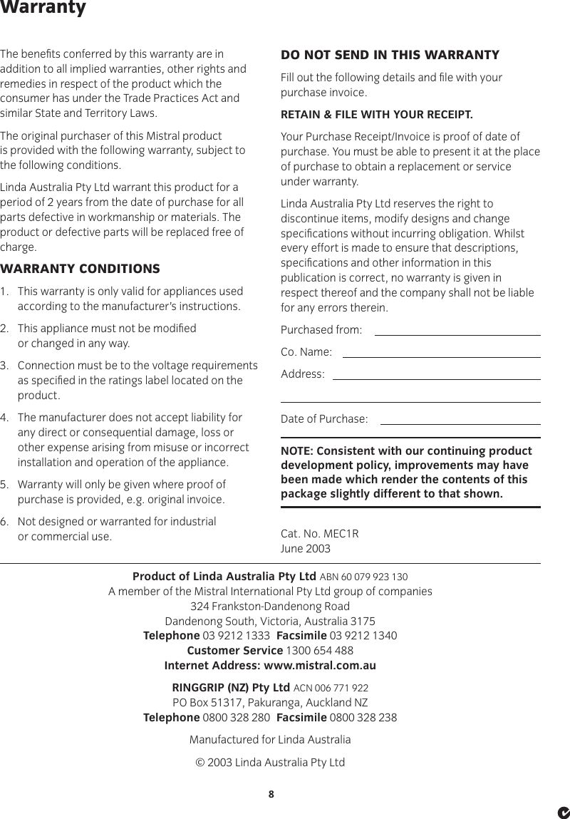 Page 8 of 8 - Mistral Mistral-Mec1R-Users-Manual- Operating Instructions - MEC1R 8 Litre Evaporative Cooler User Care Guide  Mistral-mec1r-users-manual