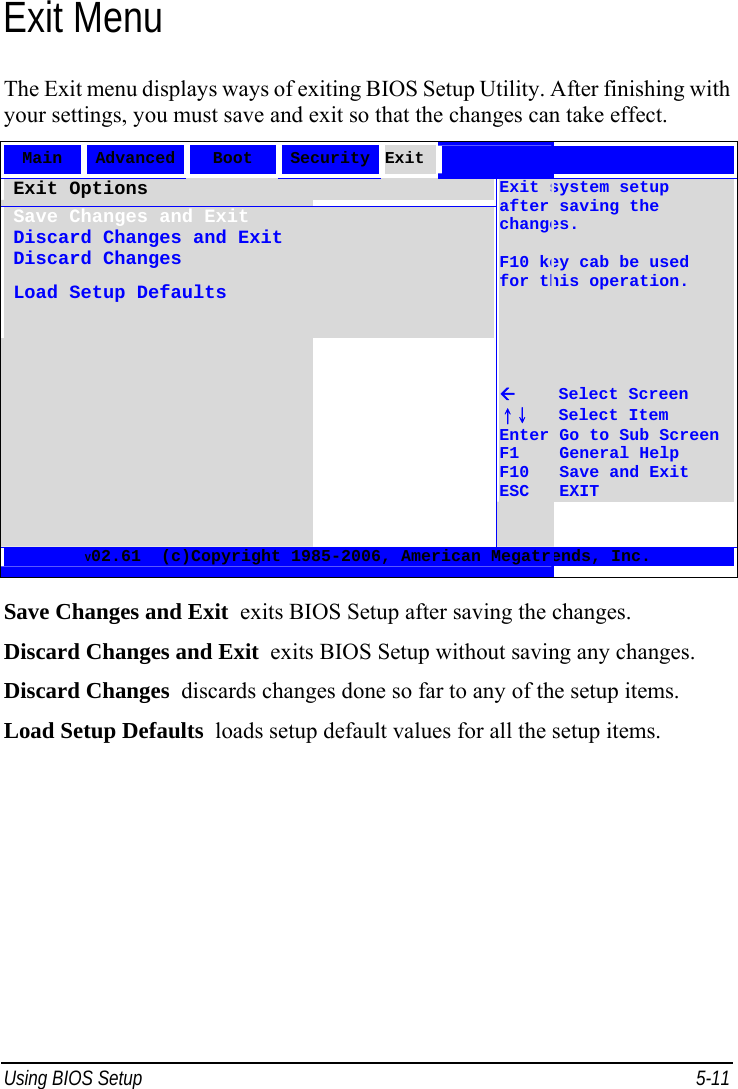  Using BIOS Setup  5-11 Exit Menu The Exit menu displays ways of exiting BIOS Setup Utility. After finishing with your settings, you must save and exit so that the changes can take effect. Main  Advanced  Boot  Security Exit  Exit Options Save Changes and Exit Discard Changes and Exit Discard Changes Load Setup Defaults  Exit system setup after saving the changes.  F10 key cab be used for this operation.          Select Screen ↑↓   Select Item Enter Go to Sub Screen F1    General Help F10   Save and Exit ESC   EXIT V02.61  (c)Copyright 1985-2006, American Megatrends, Inc.  Save Changes and Exit  exits BIOS Setup after saving the changes. Discard Changes and Exit  exits BIOS Setup without saving any changes. Discard Changes  discards changes done so far to any of the setup items. Load Setup Defaults  loads setup default values for all the setup items.  