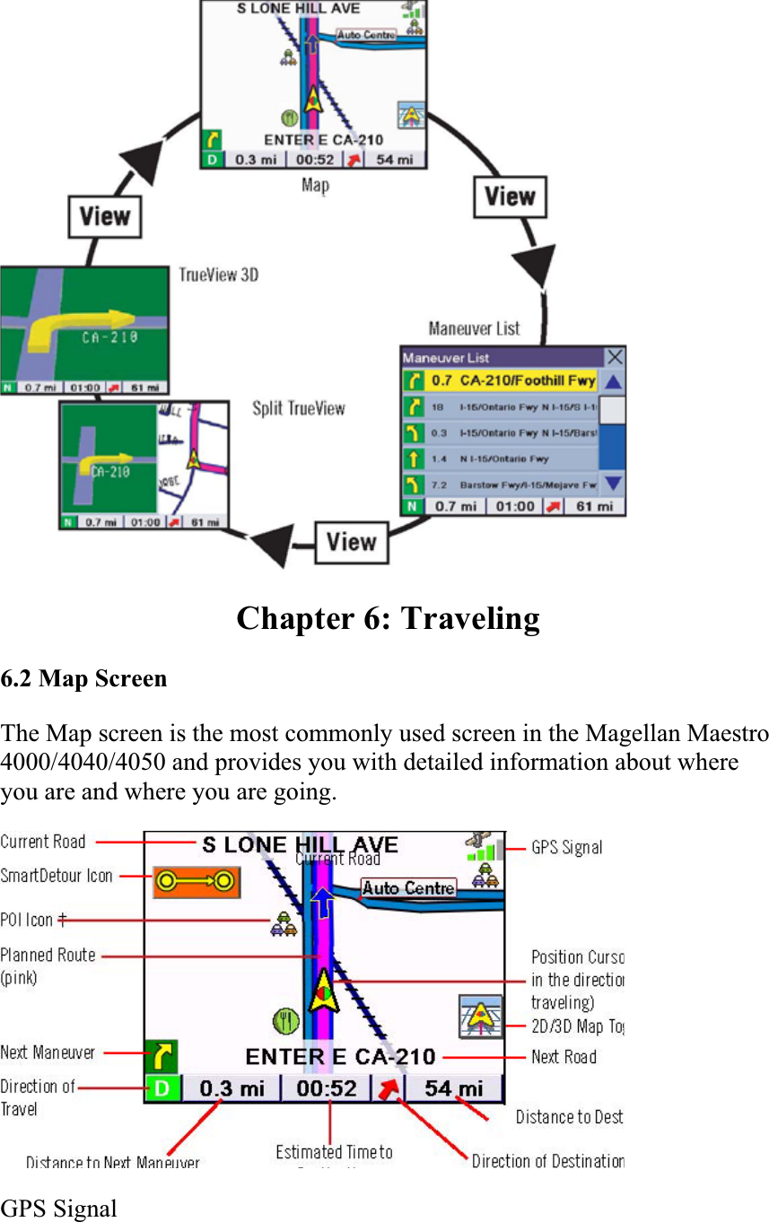 Chapter 6: Traveling 6.2 Map ScreenThe Map screen is the most commonly used screen in the Magellan Maestro 4000/4040/4050 and provides you with detailed information about where you are and where you are going.GPS Signal  