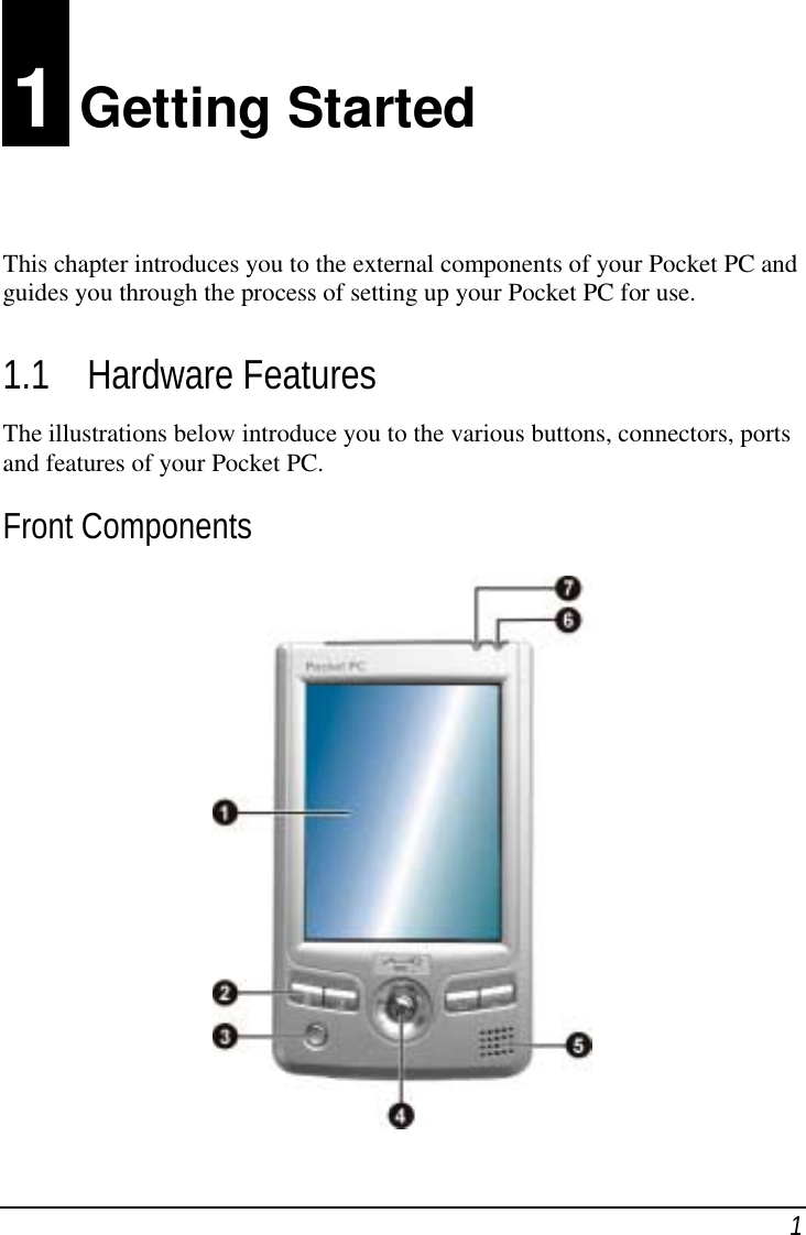 1 1 Getting StartedThis chapter introduces you to the external components of your Pocket PC andguides you through the process of setting up your Pocket PC for use.1.1 Hardware FeaturesThe illustrations below introduce you to the various buttons, connectors, portsand features of your Pocket PC.Front Components