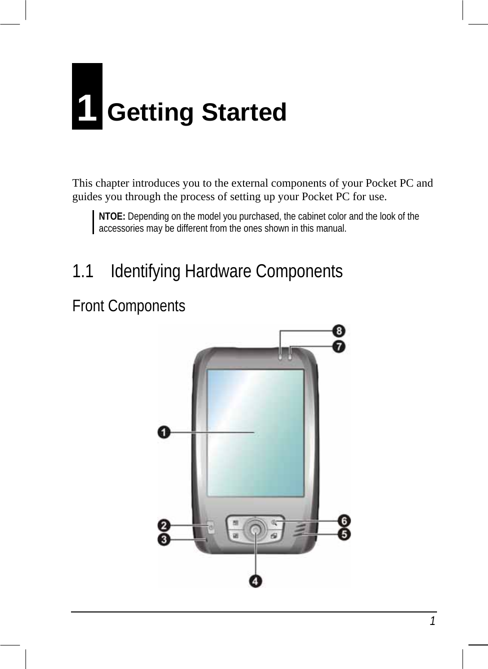   1 1 Getting Started This chapter introduces you to the external components of your Pocket PC and guides you through the process of setting up your Pocket PC for use. NTOE: Depending on the model you purchased, the cabinet color and the look of the accessories may be different from the ones shown in this manual.  1.1  Identifying Hardware Components Front Components  