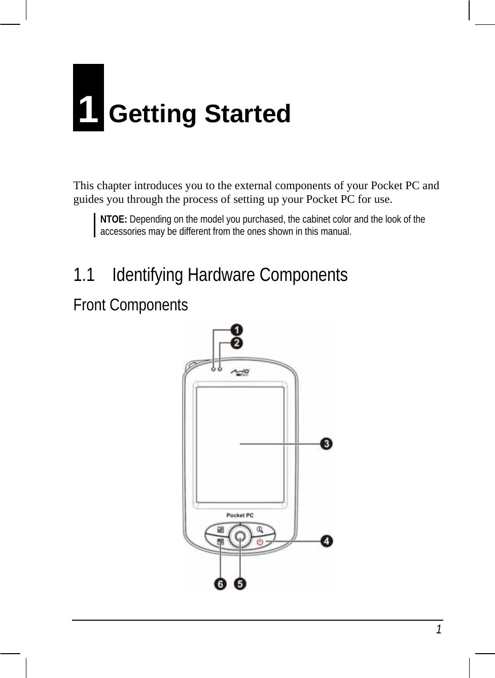   1 1 Getting Started This chapter introduces you to the external components of your Pocket PC and guides you through the process of setting up your Pocket PC for use. NTOE: Depending on the model you purchased, the cabinet color and the look of the accessories may be different from the ones shown in this manual.  1.1 Identifying Hardware Components Front Components  