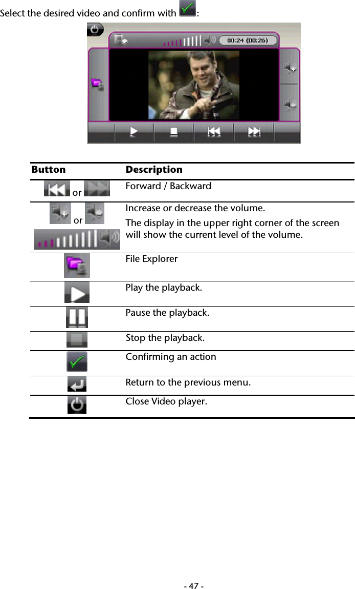  -47-Select the desired video and confirm with  :   Button Description  or   Forward / Backward  or    Increase or decrease the volume. The display in the upper right corner of the screen will show the current level of the volume.  File Explorer  Play the playback.  Pause the playback.  Stop the playback.  Confirming an action  Return to the previous menu.  Close Video player.   