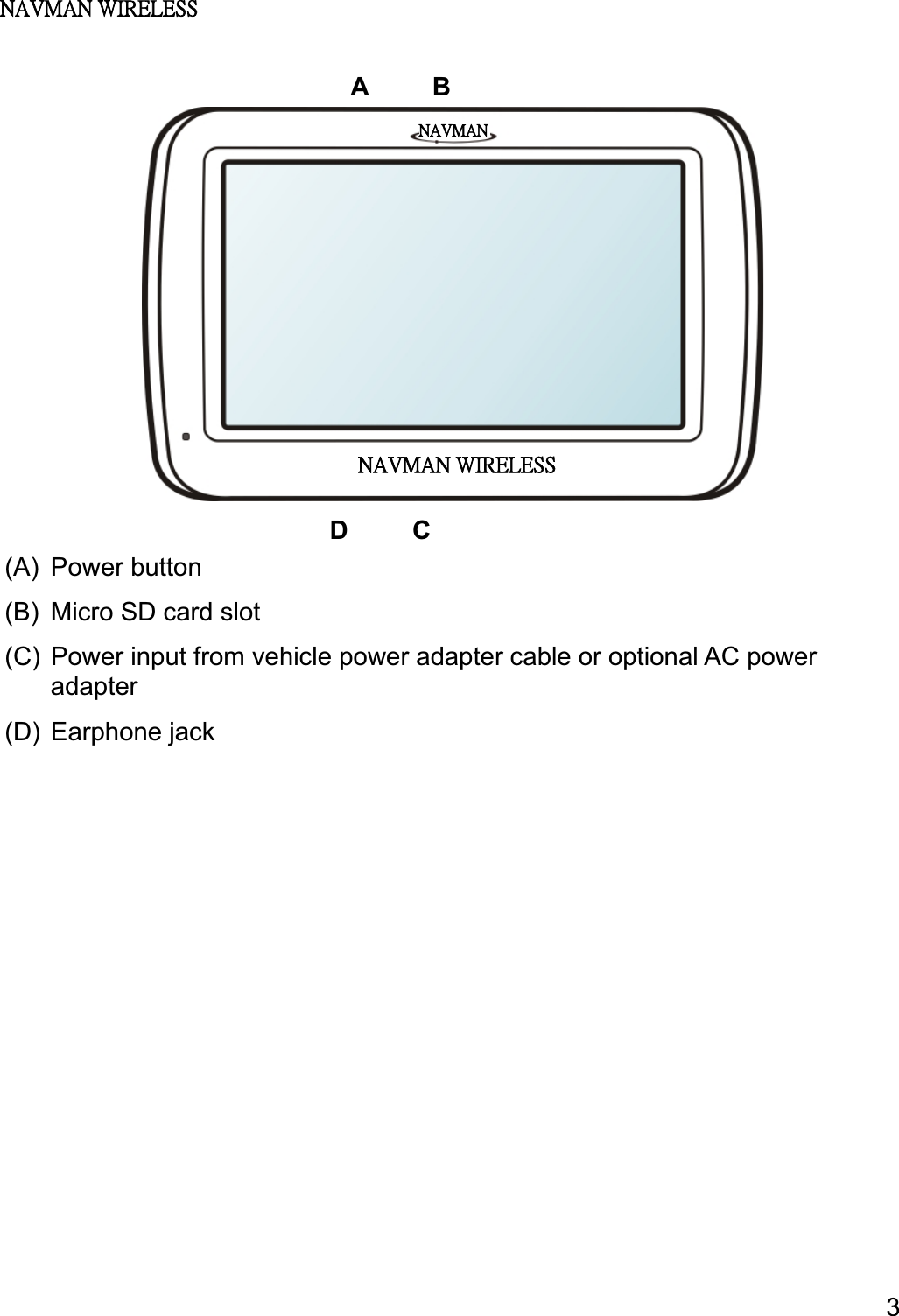 3Magellan RoadMate (A) Power button  (B)  Micro SD card slot (C)  Power input from vehicle power adapter cable or optional AC power adapter (D) Earphone jack A     BD     C ˡ˔˩ˠ˔ˡʳ˪˜˥˘˟˘˦˦ˡ˔˩ˠ˔ˡˡ˔˩ˠ˔ˡʳ˪˜˥˘˟˘˦˦