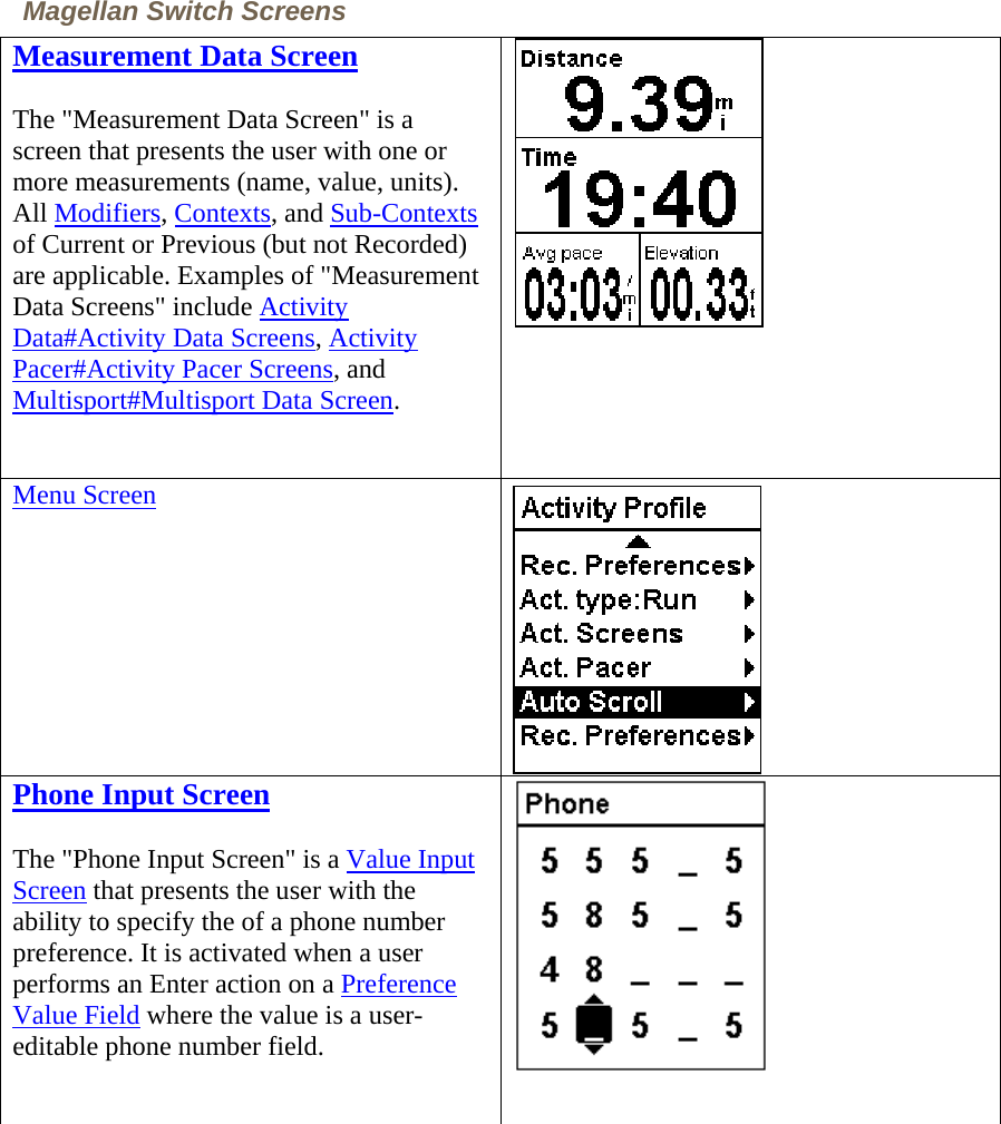 Magellan Switch Screens Measurement Data Screen The &quot;Measurement Data Screen&quot; is a screen that presents the user with one or more measurements (name, value, units). All Modifiers, Contexts, and Sub-Contexts of Current or Previous (but not Recorded) are applicable. Examples of &quot;Measurement Data Screens&quot; include Activity Data#Activity Data Screens, Activity Pacer#Activity Pacer Screens, and Multisport#Multisport Data Screen.   Menu Screen  Phone Input Screen The &quot;Phone Input Screen&quot; is a Value Input Screen that presents the user with the ability to specify the of a phone number preference. It is activated when a user performs an Enter action on a Preference Value Field where the value is a user-editable phone number field.   