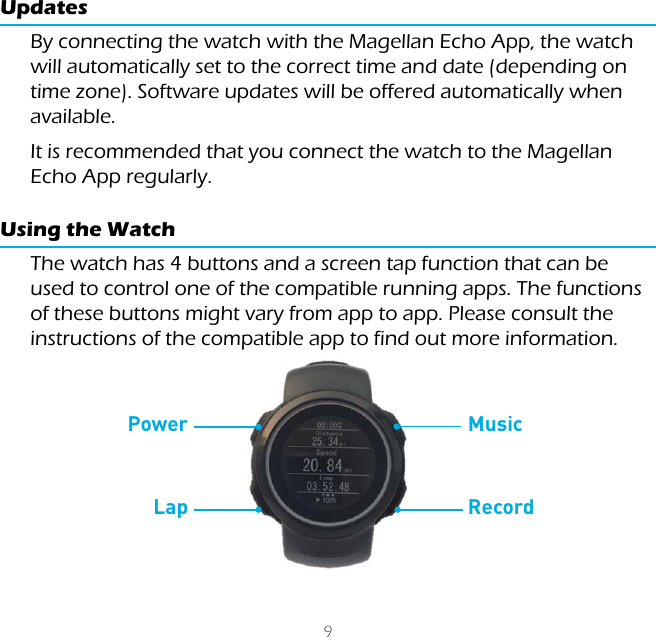 9UpdatesBy connecting the watch with the Magellan Echo App, the watch will automatically set to the correct time and date (depending on time zone). Software updates will be offered automatically when available.It is recommended that you connect the watch to the Magellan Echo App regularly.Using the WatchThe watch has 4 buttons and a screen tap function that can be used to control one of the compatible running apps. The functions of these buttons might vary from app to app. Please consult the instructions of the compatible app to find out more information.RecordMusicPowerLap