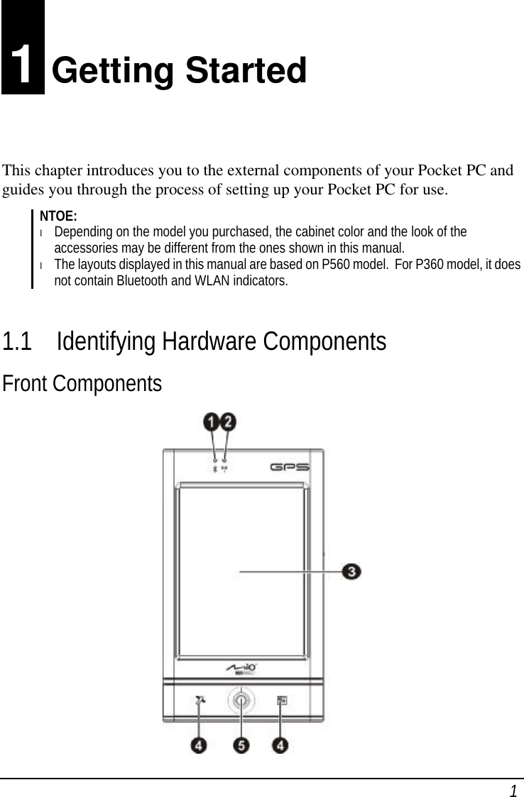  1 1 Getting Started This chapter introduces you to the external components of your Pocket PC and guides you through the process of setting up your Pocket PC for use. NTOE:  l Depending on the model you purchased, the cabinet color and the look of the accessories may be different from the ones shown in this manual. l The layouts displayed in this manual are based on P560 model.  For P360 model, it does not contain Bluetooth and WLAN indicators.  1.1 Identifying Hardware Components Front Components  