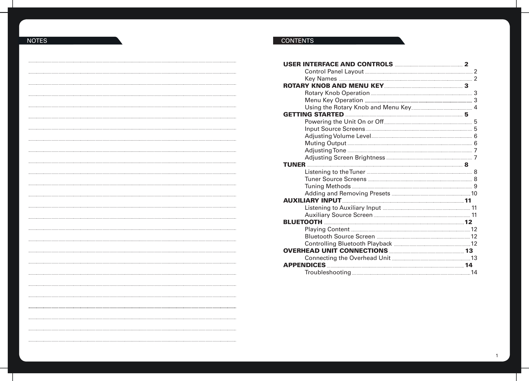 CONTENTSUSER INTERFACE AND CONTROLS  Control Panel Layout  Key NamesROTARY KNOB AND MENU KEY  Rotary Knob Operation  Menu Key Operation  Using the Rotary Knob and Menu KeyGETTING STARTED  Powering the Unit On or Off  Input Source Screens  Adjusting Volume  Level  Muting Output  Adjusting Tone  Adjusting Screen BrightnessTUNER  Listening to the Tuner  Tuner Source Screens  Tuning Methods  Adding and Removing PresetsAUXILIARY INPUT  Listening to Auxiliary Input  Auxiliary Source ScreenBLUETOOTH  Playing Content  Bluetooth Source Screen  Controlling Bluetooth PlaybackOVERHEAD UNIT CONNECTIONS Connecting the Overhead UnitAPPENDICES Troubleshooting          222         3334         5556677         888910         111111         12121212         1313                          14141NOTES