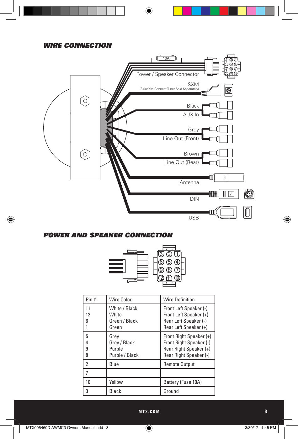 MTX.COM3WIRE CONNECTIONPOWER AND SPEAKER CONNECTION10A 123456789101112SXM(SiriusXM Connect Tuner Sold Separately)BlackAUX InGreyLine Out (Front)BrownLine Out (Rear)AntennaDINUSBPower / Speaker Connector10A 123456789101112SXM(SiriusXM Connect Tuner Sold Separately)BlackAUX InGreyLine Out (Front)BrownLine Out (Rear)AntennaDINUSBPower / Speaker ConnectorPin # Wire Color WireDenition111261White / BlackWhiteGreen / BlackGreenFront Left Speaker (-)Front Left Speaker (+)Rear Left Speaker (-)Rear Left Speaker (+)5498GreyGrey / BlackPurplePurple / BlackFront Right Speaker (+)Front Right Speaker (-)Rear Right Speaker (+)Rear Right Speaker (-)2 Blue Remote Output710 Yellow Battery (Fuse 10A)3 Black GroundMTX005460D AWMC3 Owners Manual.indd   3 3/30/17   1:45 PM
