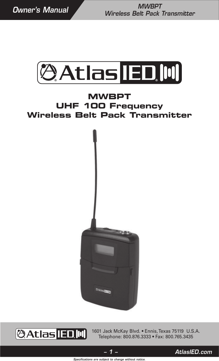 Page 1 of Mitek MWBPT Wireless Beltpack Transmitter User Manual