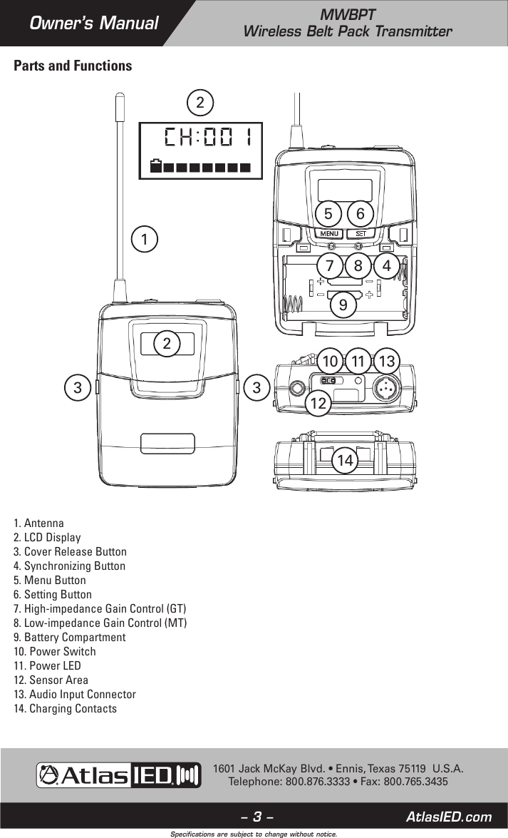 Page 3 of Mitek MWBPT Wireless Beltpack Transmitter User Manual
