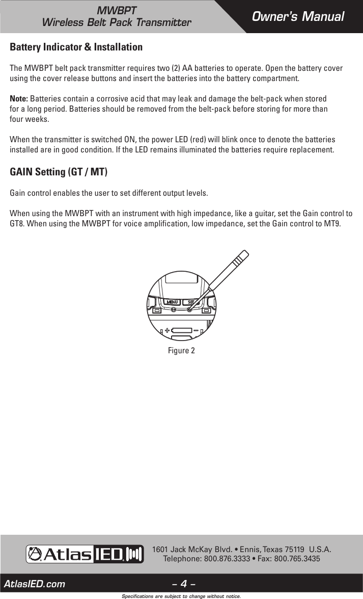 Page 4 of Mitek MWBPT Wireless Beltpack Transmitter User Manual
