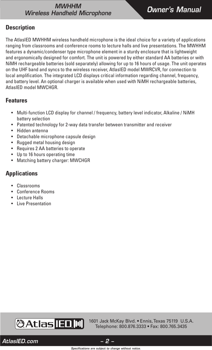 Page 2 of Mitek MWHHM Wireless Microphone User Manual