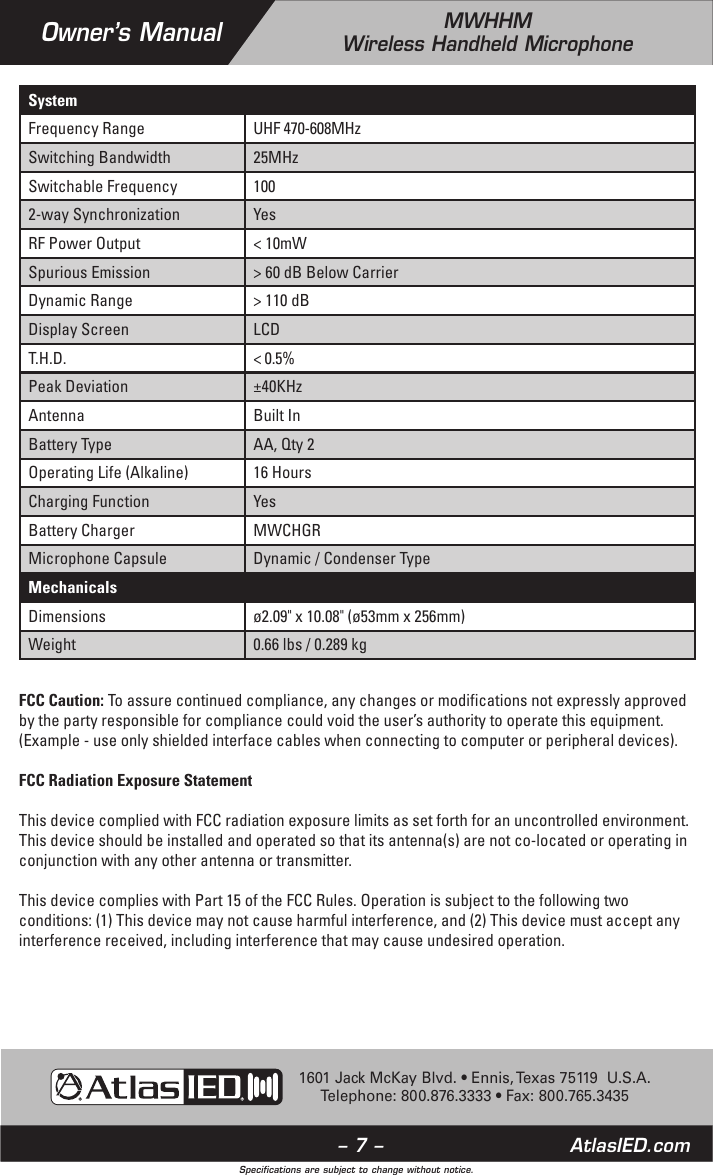 Page 7 of Mitek MWHHM Wireless Microphone User Manual